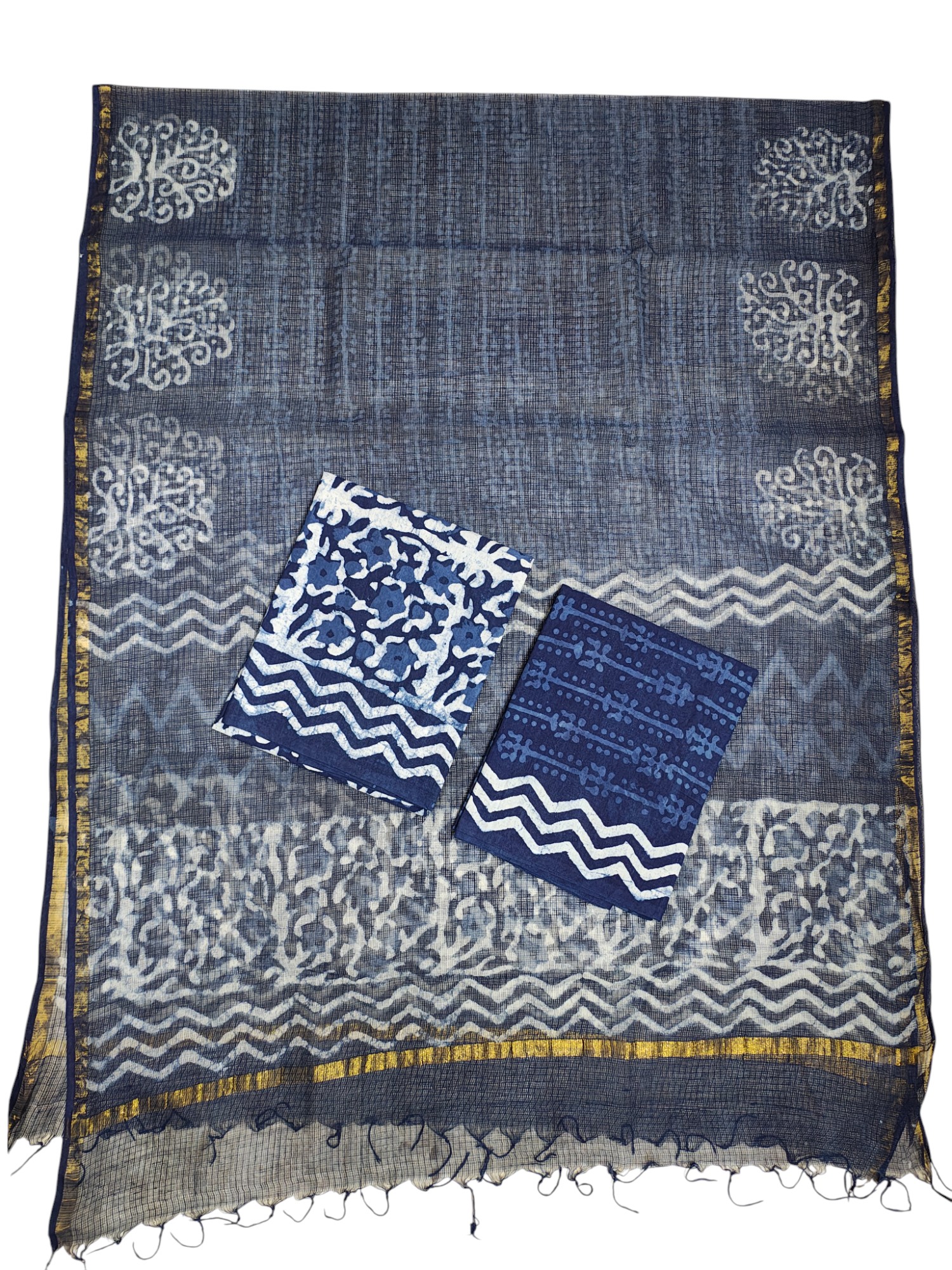 Indigo Dabu Print Kota Doria Unstitched Suit Set Indigo Dabu Print Kota Doria Unstitched Suit Set