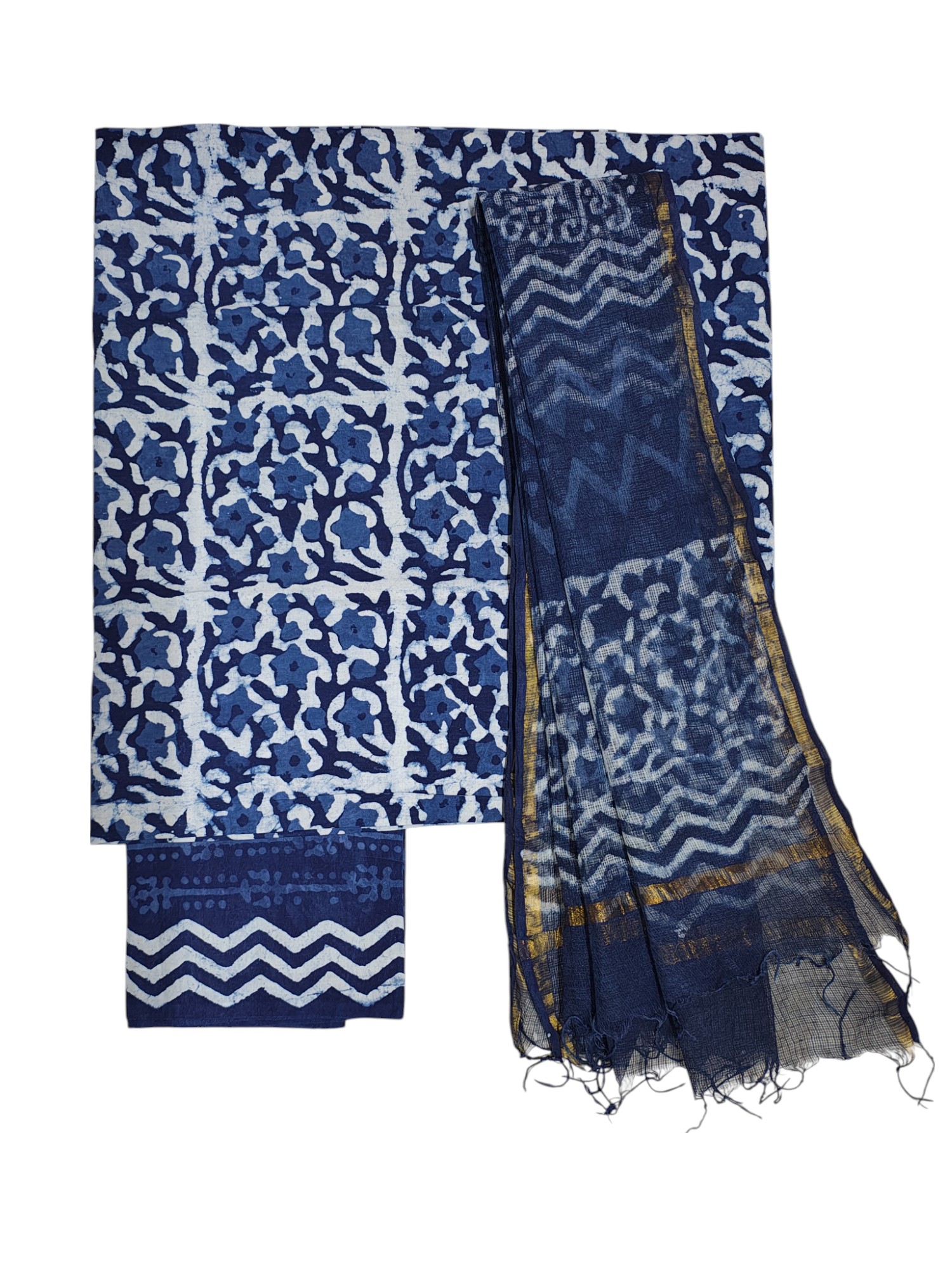 Indigo Dabu Print Kota Doria Unstitched Suit Set Indigo Dabu Print Kota Doria Unstitched Suit Set