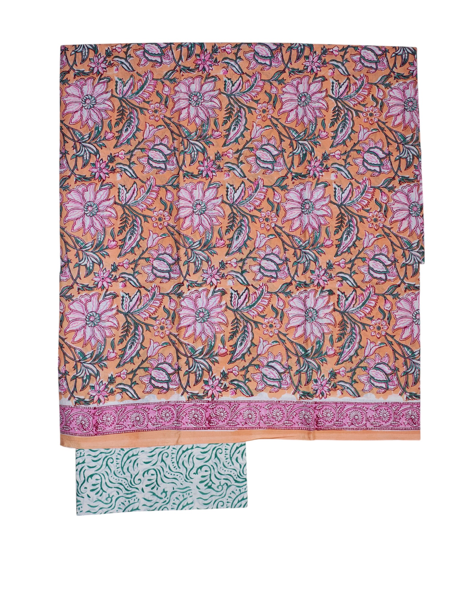 Peach Kota Doria Hand Block Print Unstitched Suit Set for Women Peach Kota Doria Hand Block Print Unstitched Suit Set for Women