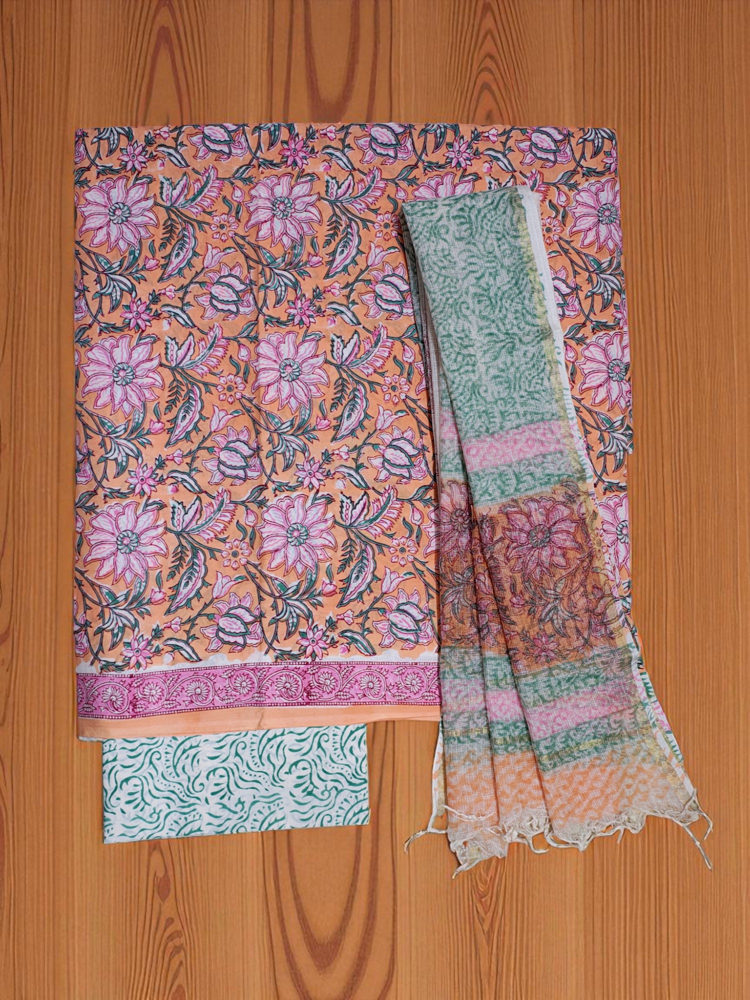 Peach Kota Doria Hand Block Print Unstitched Suit Set for Women Peach Kota Doria Hand Block Print Unstitched Suit Set for Women
