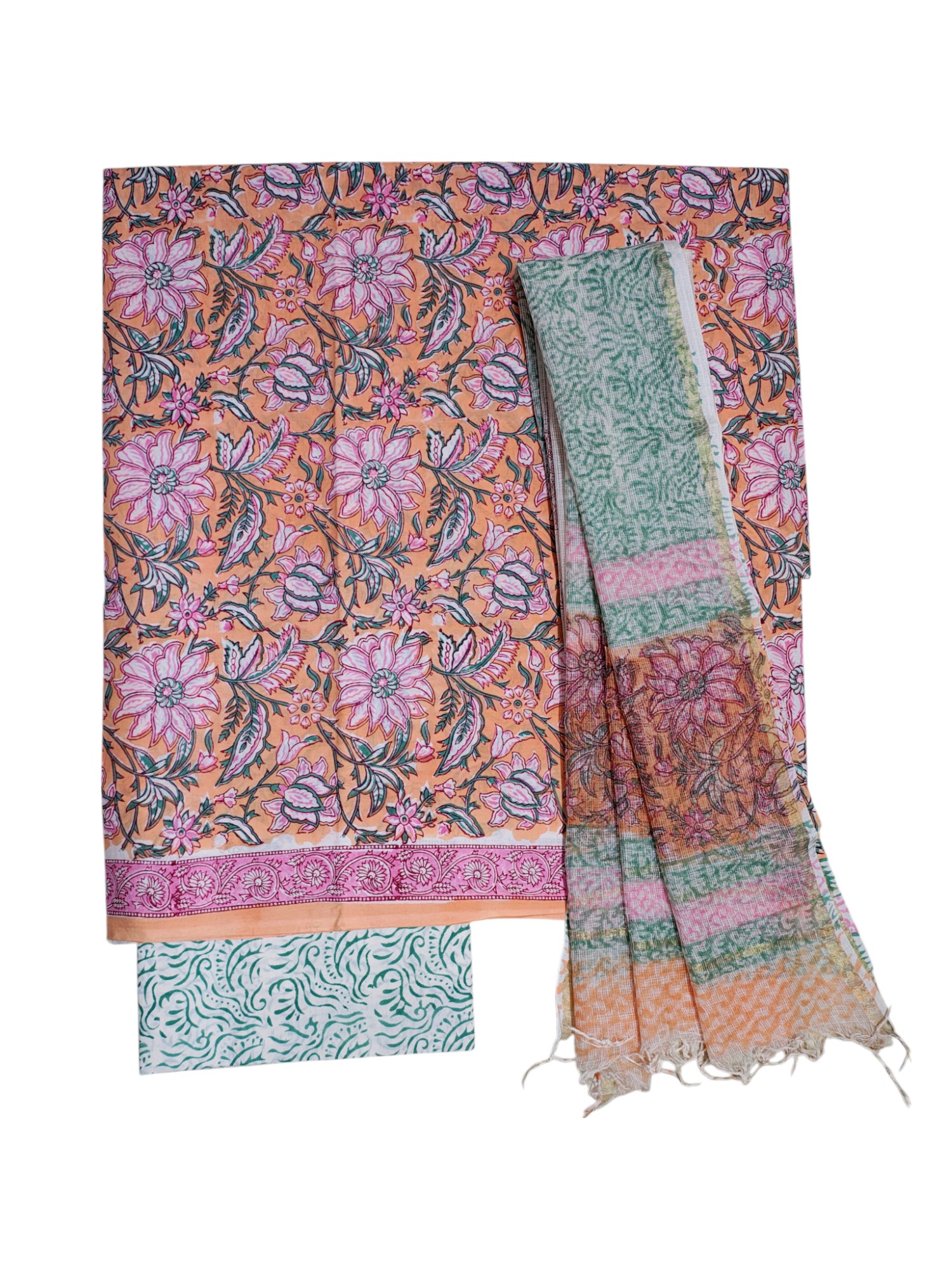Peach Kota Doria Hand Block Print Unstitched Suit Set for Women Peach Kota Doria Hand Block Print Unstitched Suit Set for Women
