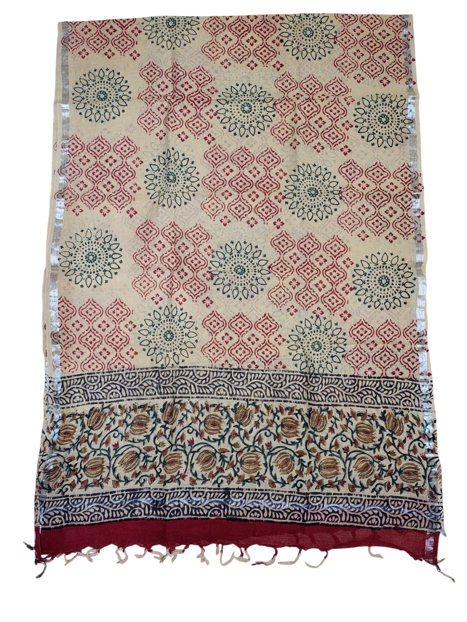 Maroon & Green Bagru Print Linen Unstitched Suit Set