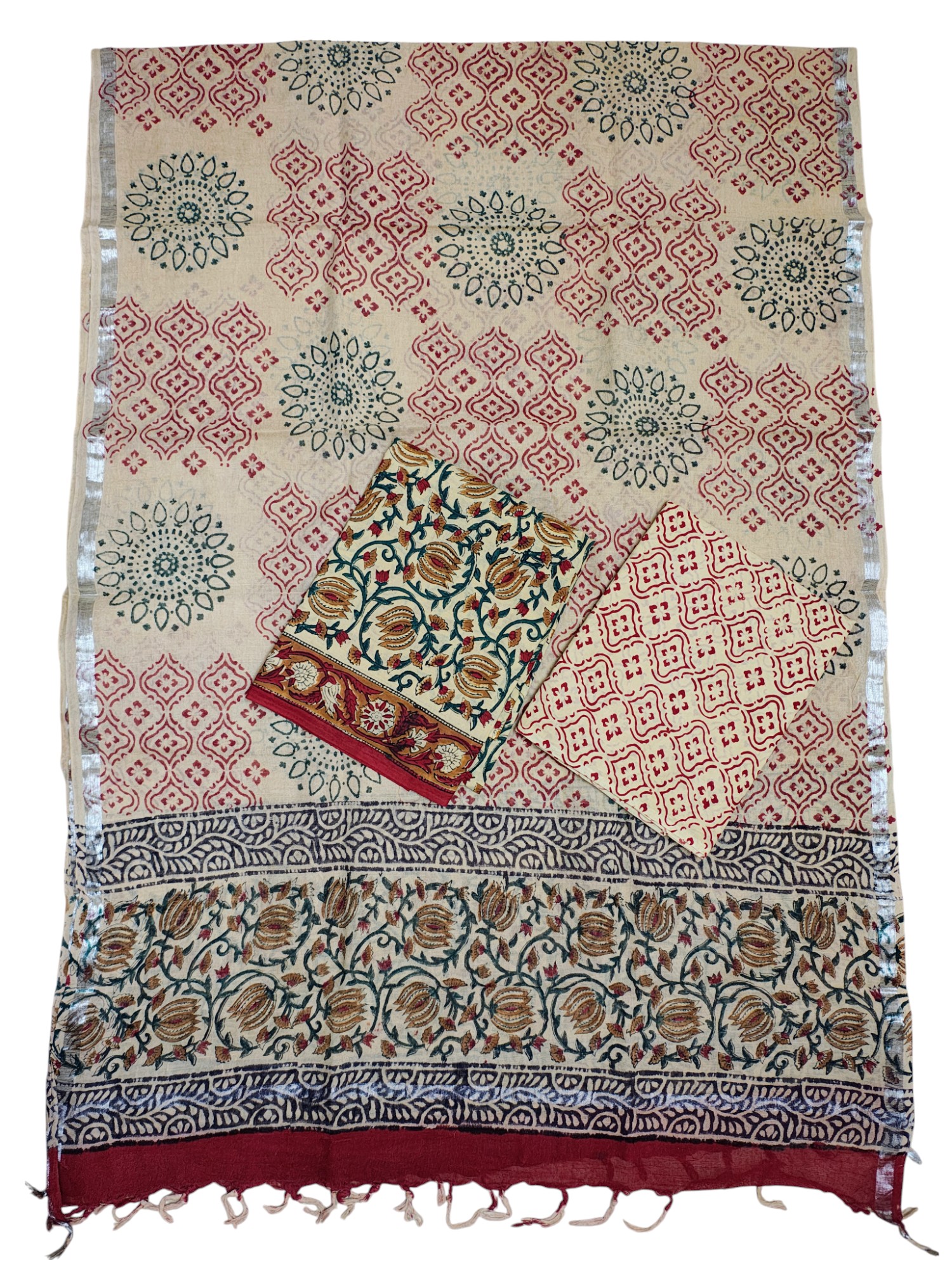 Maroon & Green Bagru Print Linen Unstitched Suit Set