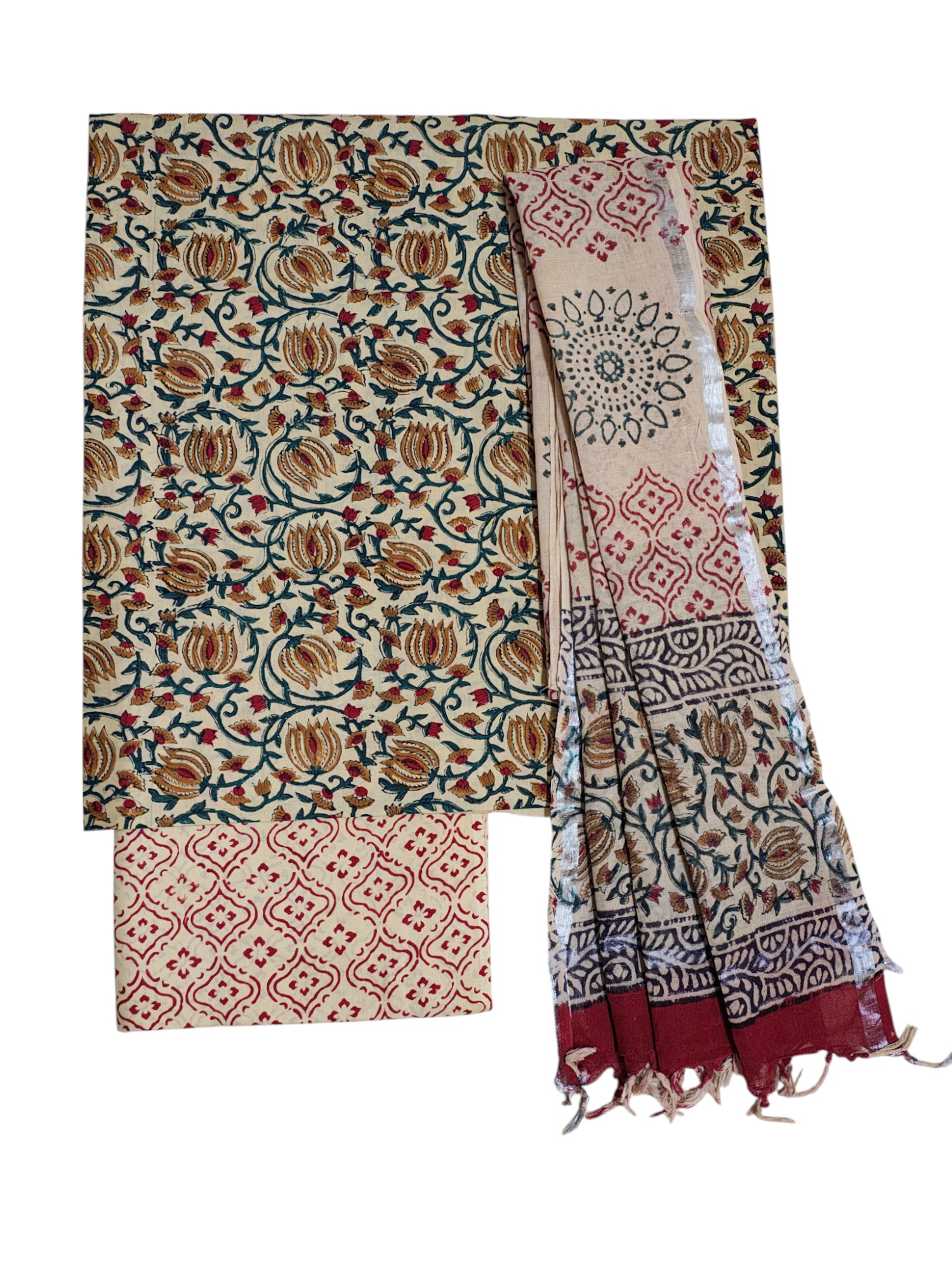 Maroon & Green Bagru Print Linen Unstitched Suit Set