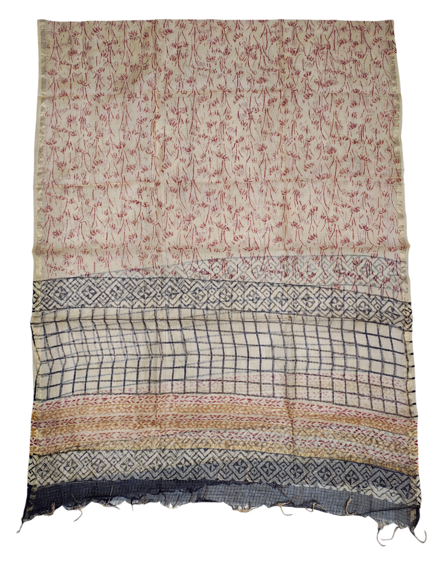 Cream & Black Bagru Print Kota Doria Dress Material