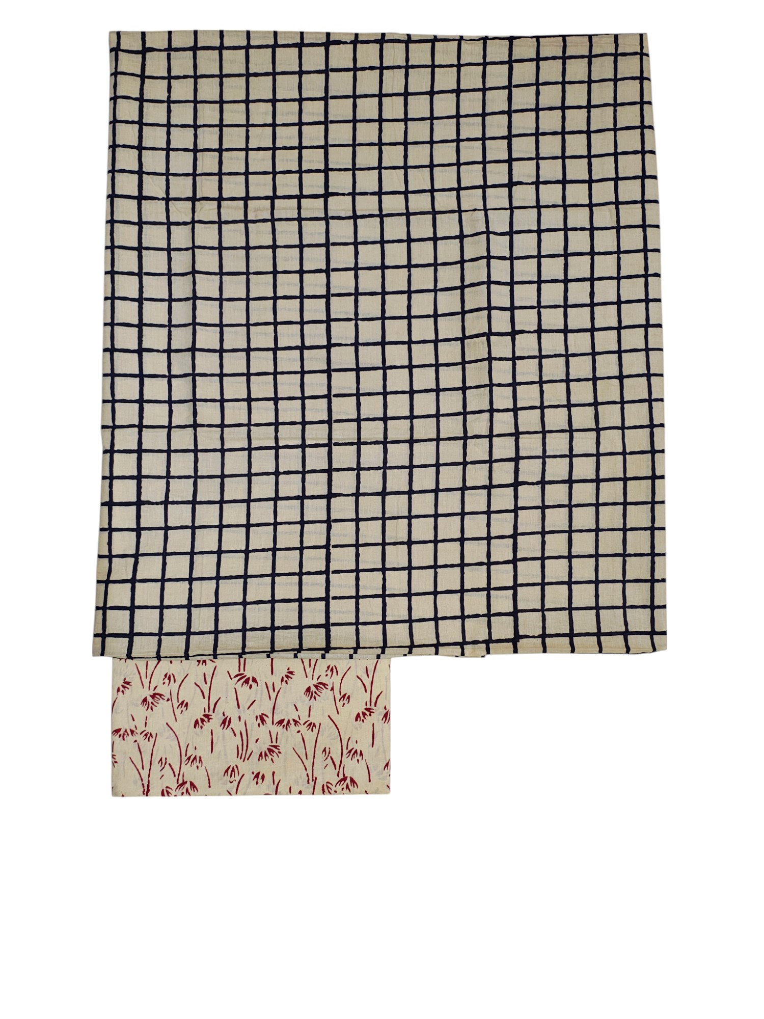 Cream & Black Bagru Print Kota Doria Dress Material