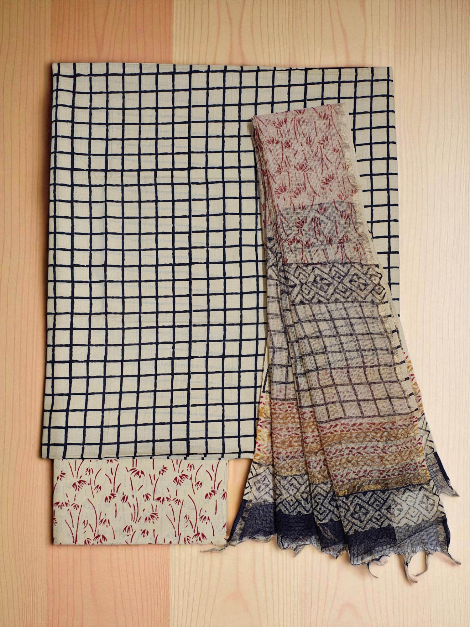 Cream & Black Bagru Print Kota Doria Dress Material