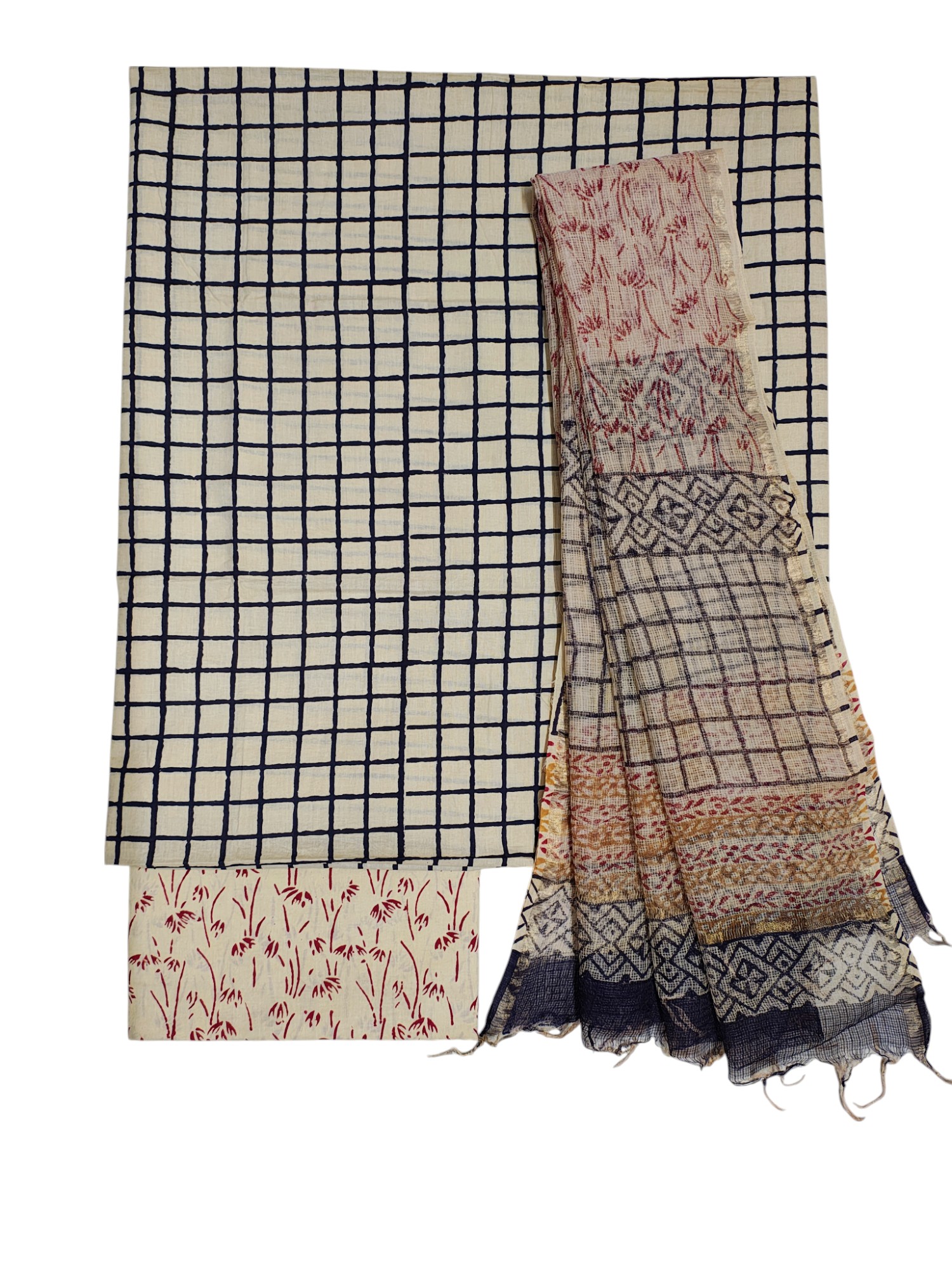 Cream & Black Bagru Print Kota Doria Dress Material