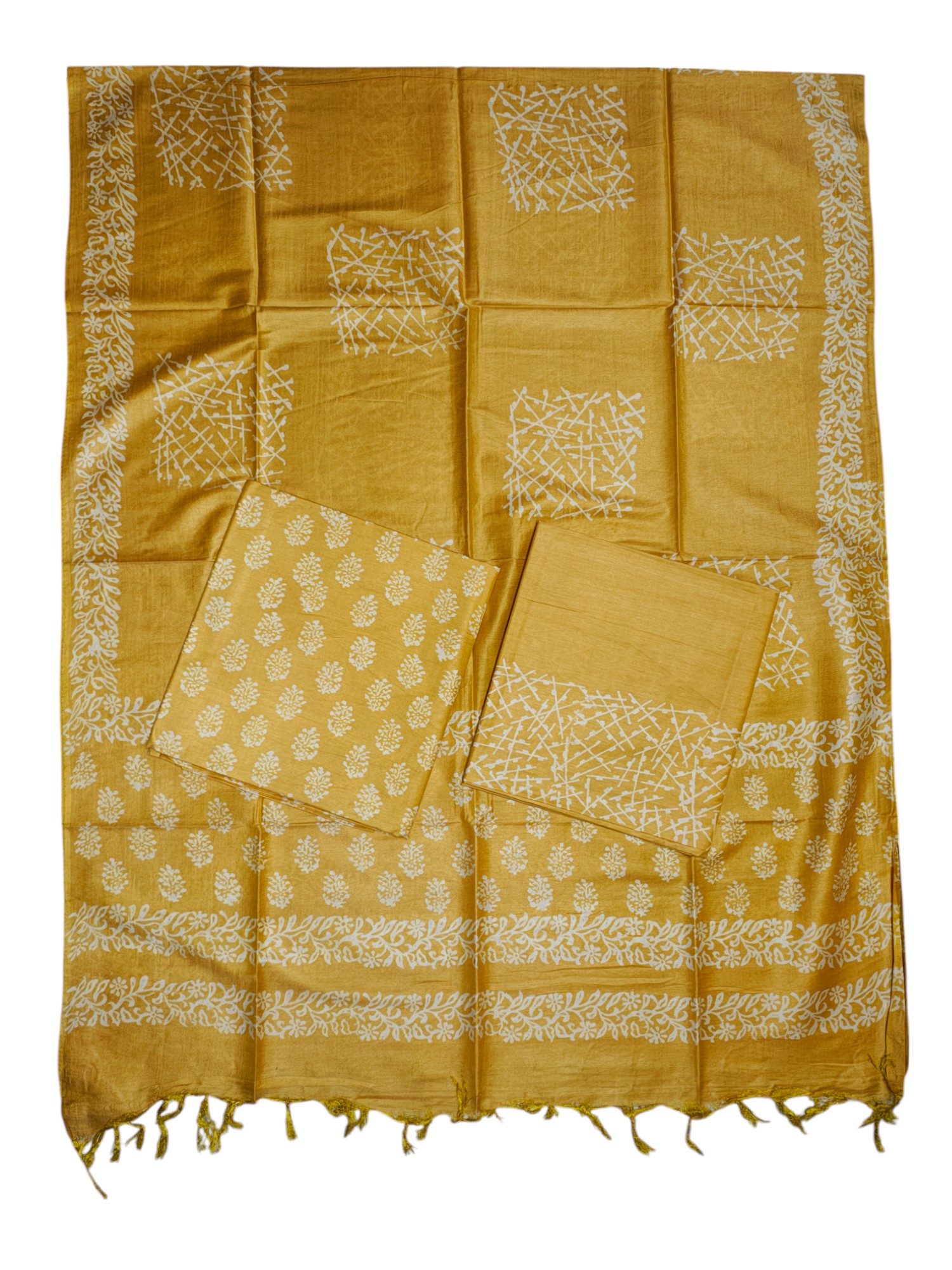 Yellow Unstitched Batik Print Silk Salwar Suit Dress Material with Dupatta