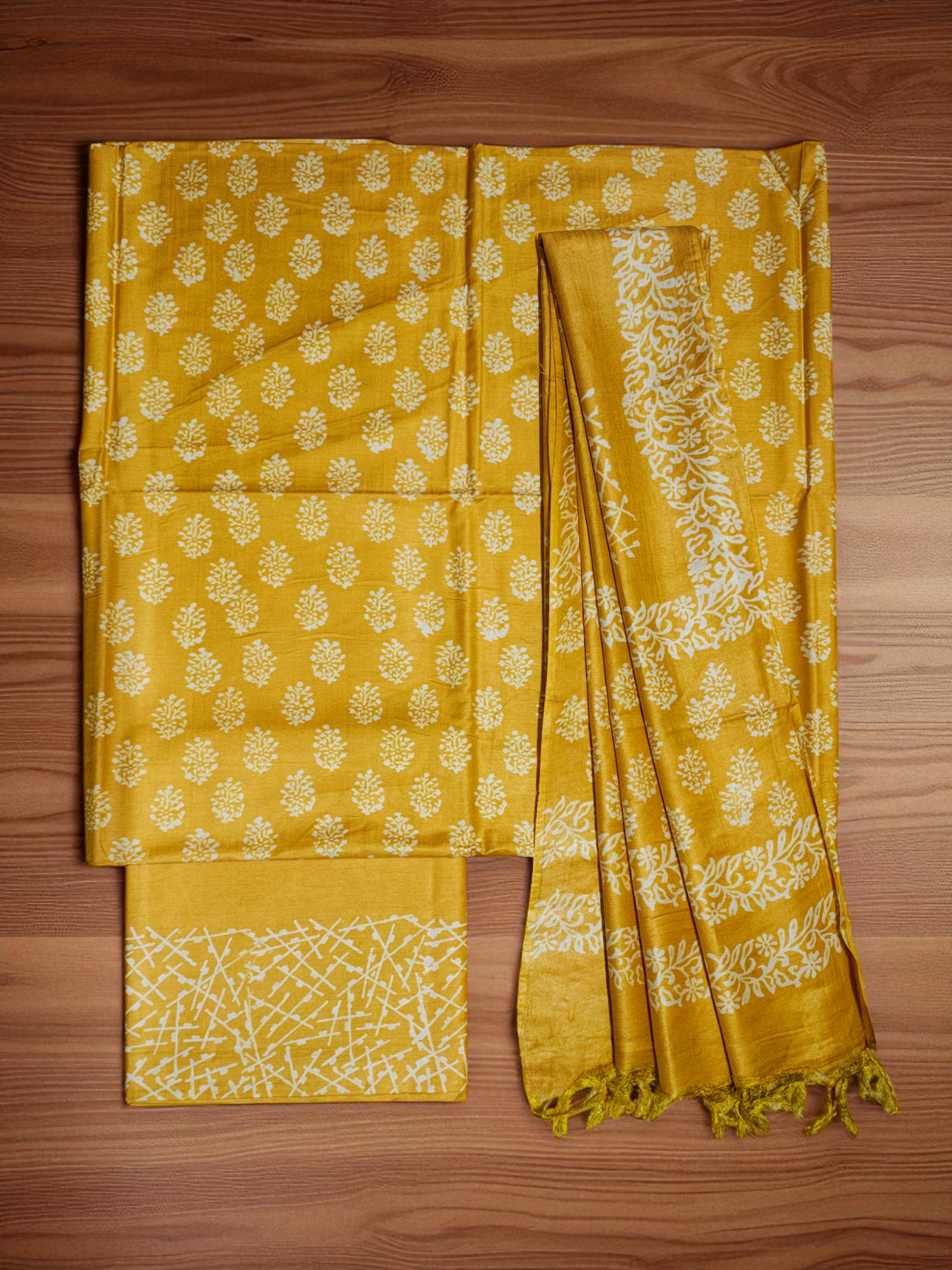 Yellow Unstitched Batik Print Silk Salwar Suit Dress Material with Dupatta