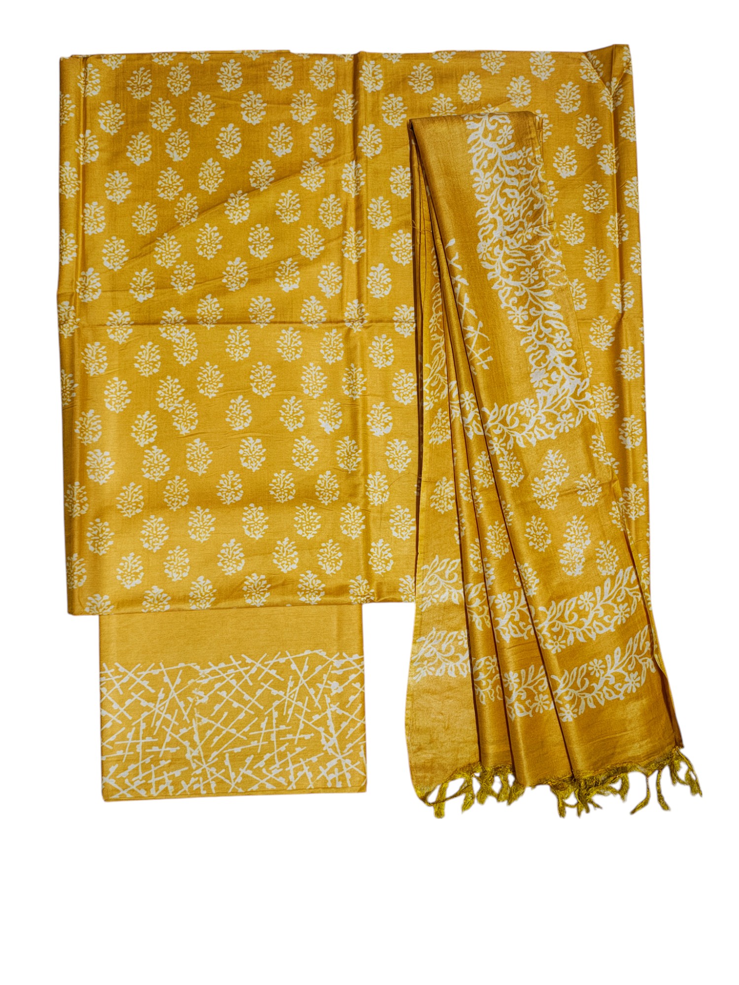 Yellow Unstitched Batik Print Silk Salwar Suit Dress Material with Dupatta