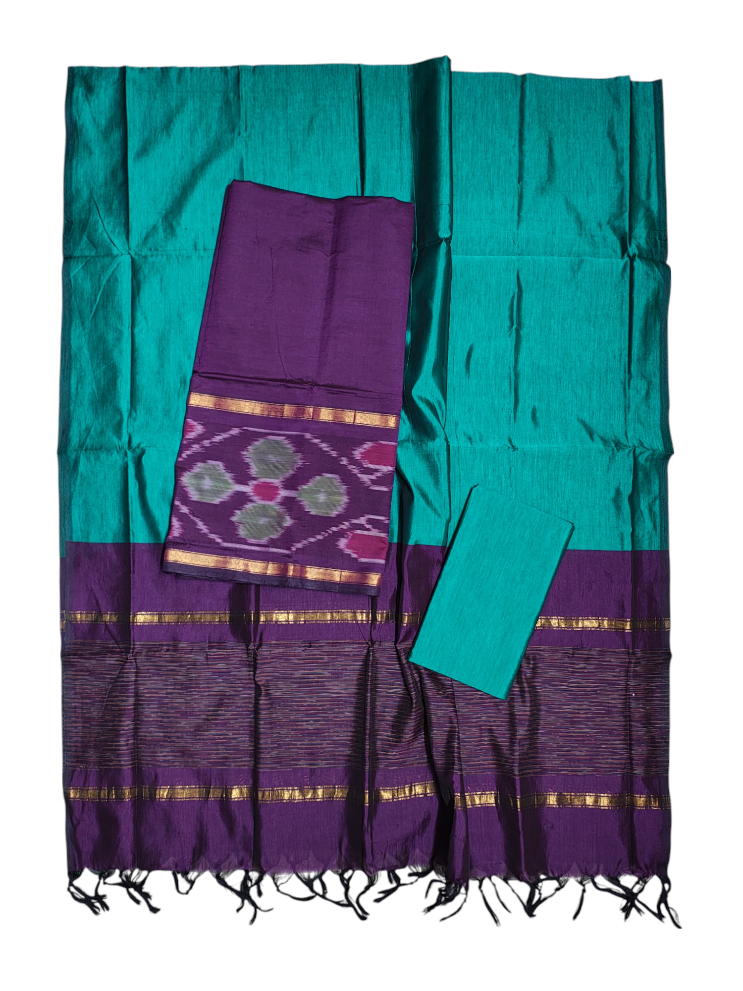 Wine & Green Pochampally Ikkat Silk Dress Material with Dupatta