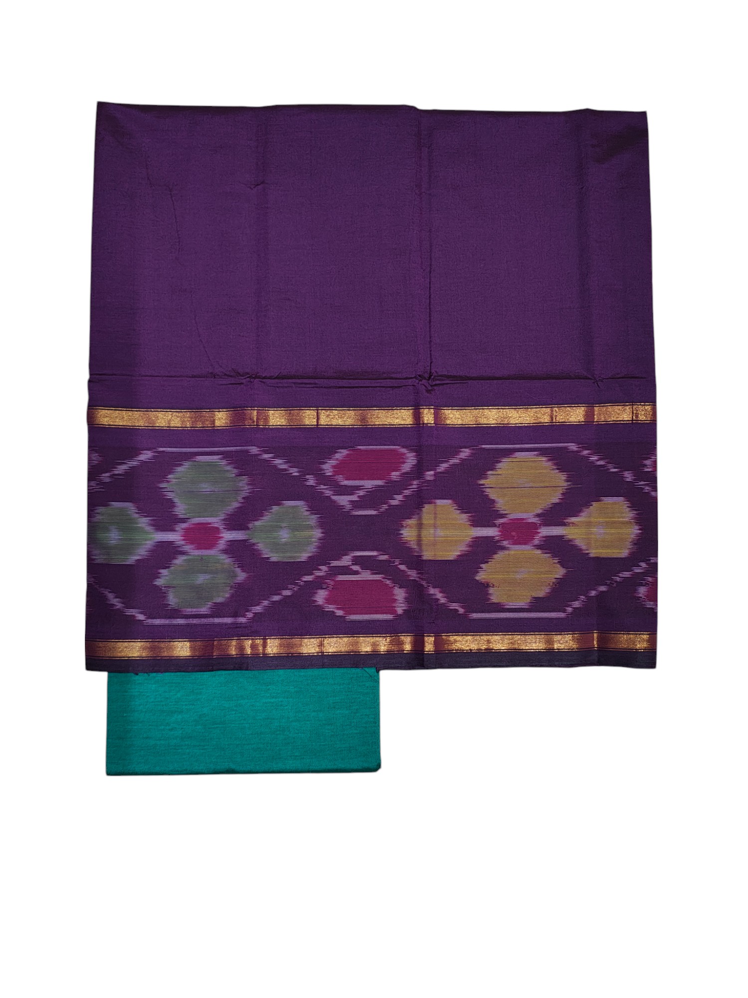 Wine & Green Pochampally Ikkat Silk Dress Material with Dupatta