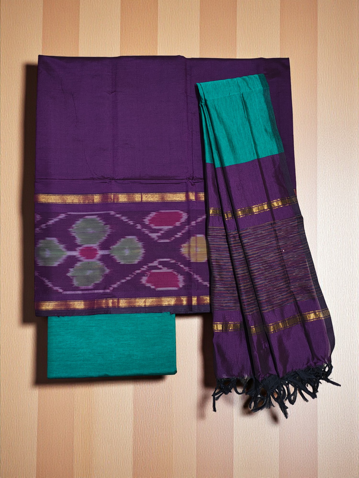 Wine & Green Pochampally Ikkat Silk Dress Material with Dupatta