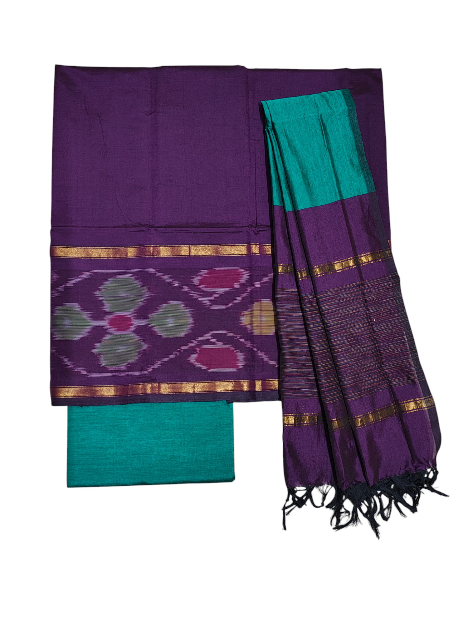 Wine & Green Pochampally Ikkat Silk Dress Material with Dupatta