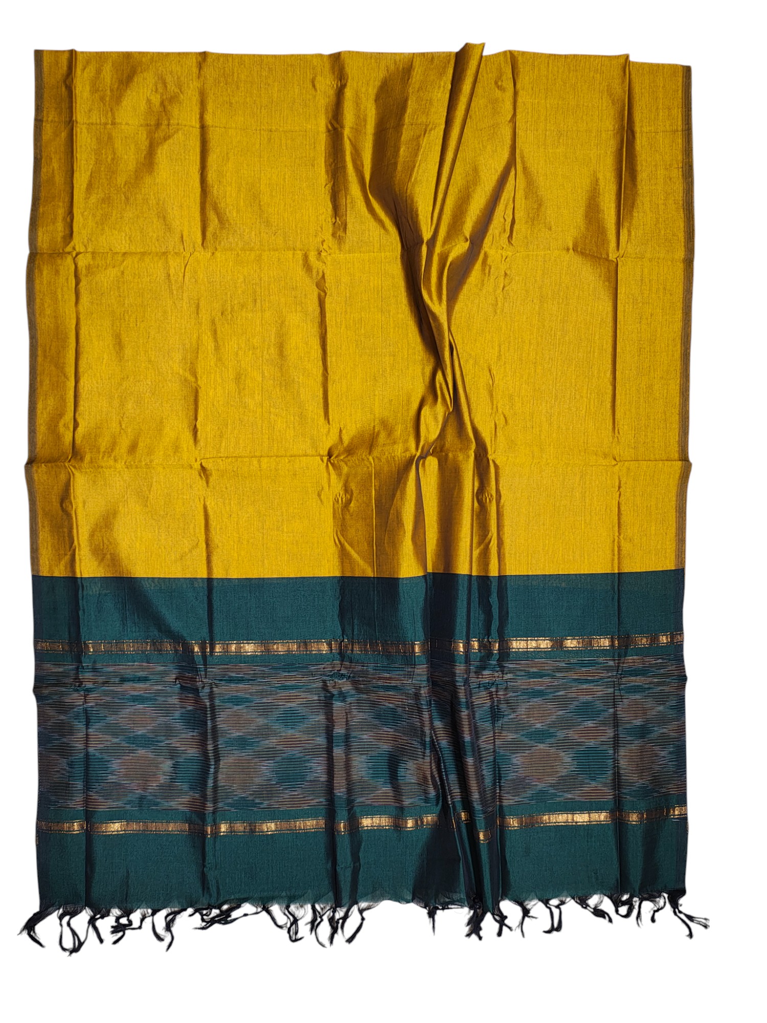 Green & Mustard Pochampally Ikkat Silk Dress Material with Dupatta
