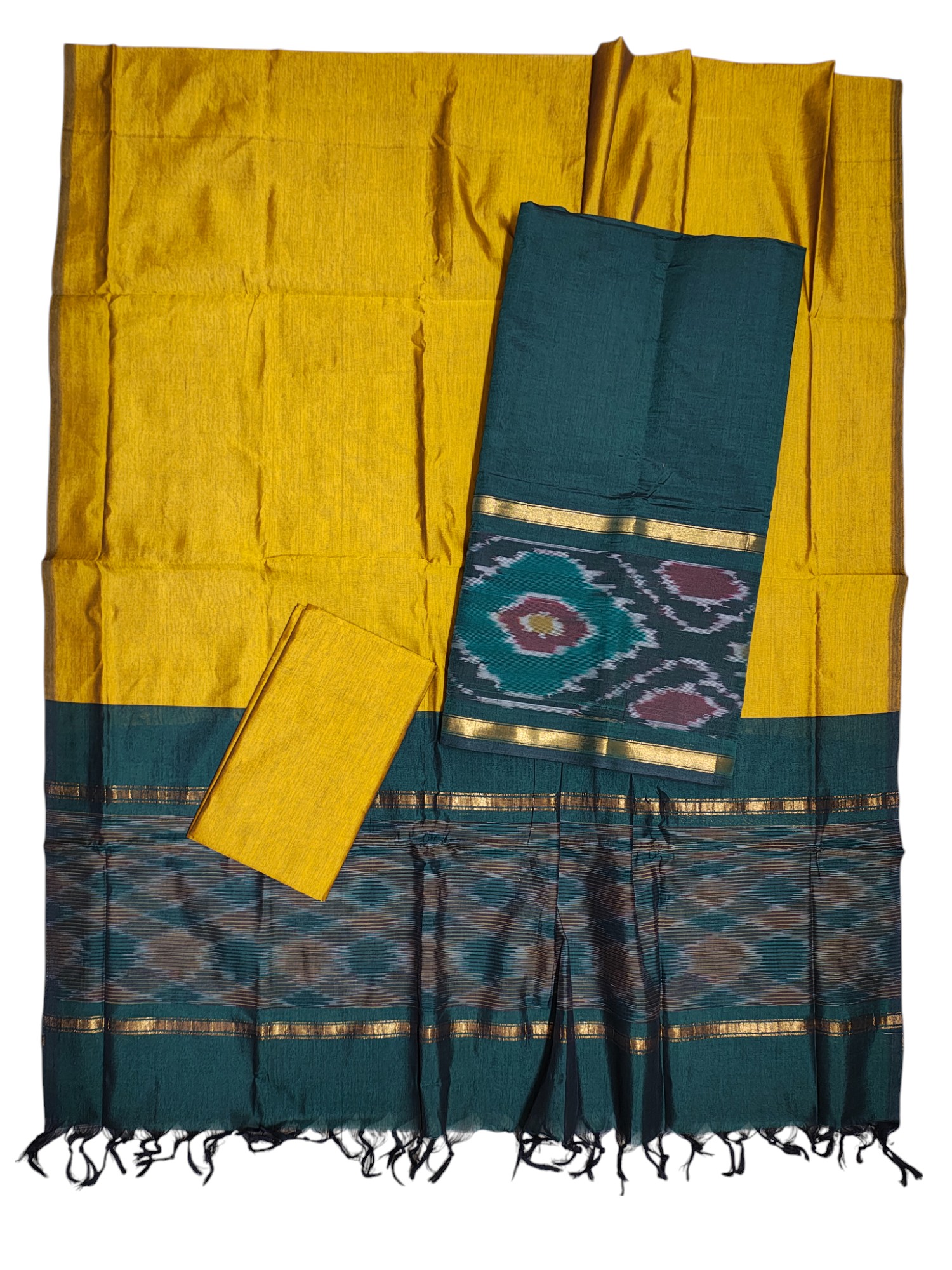 Green & Mustard Pochampally Ikkat Silk Dress Material with Dupatta