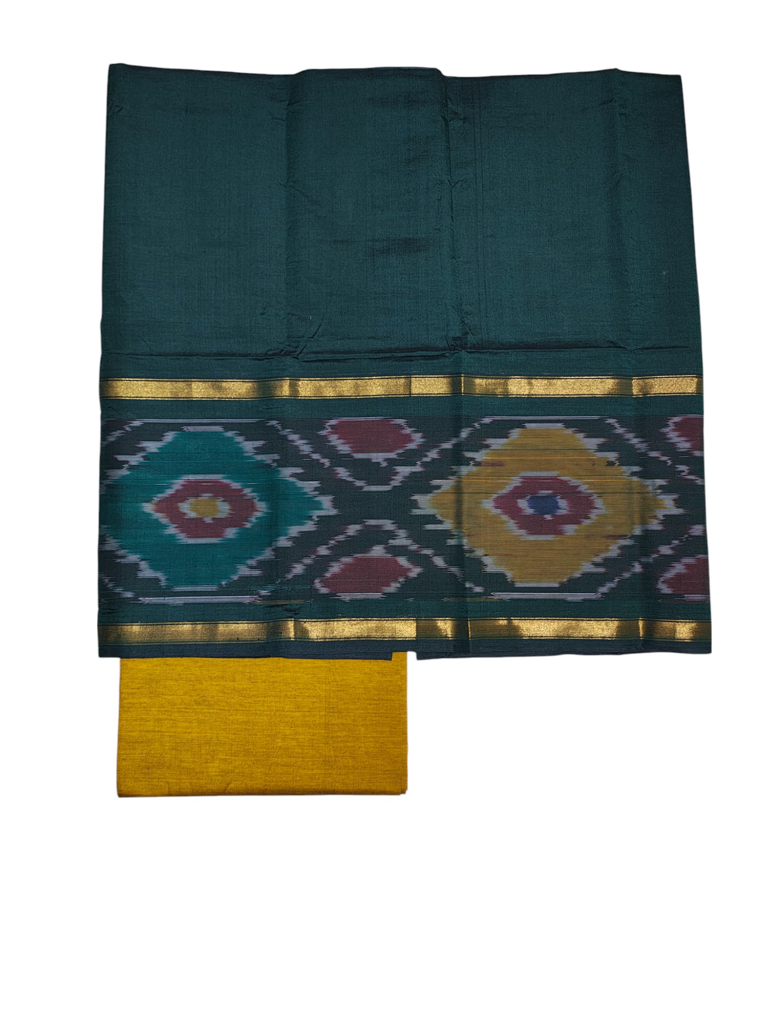 Green & Mustard Pochampally Ikkat Silk Dress Material with Dupatta