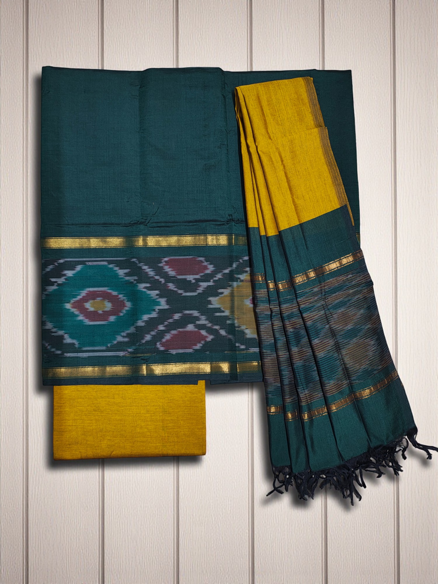 Green & Mustard Pochampally Ikkat Silk Dress Material with Dupatta