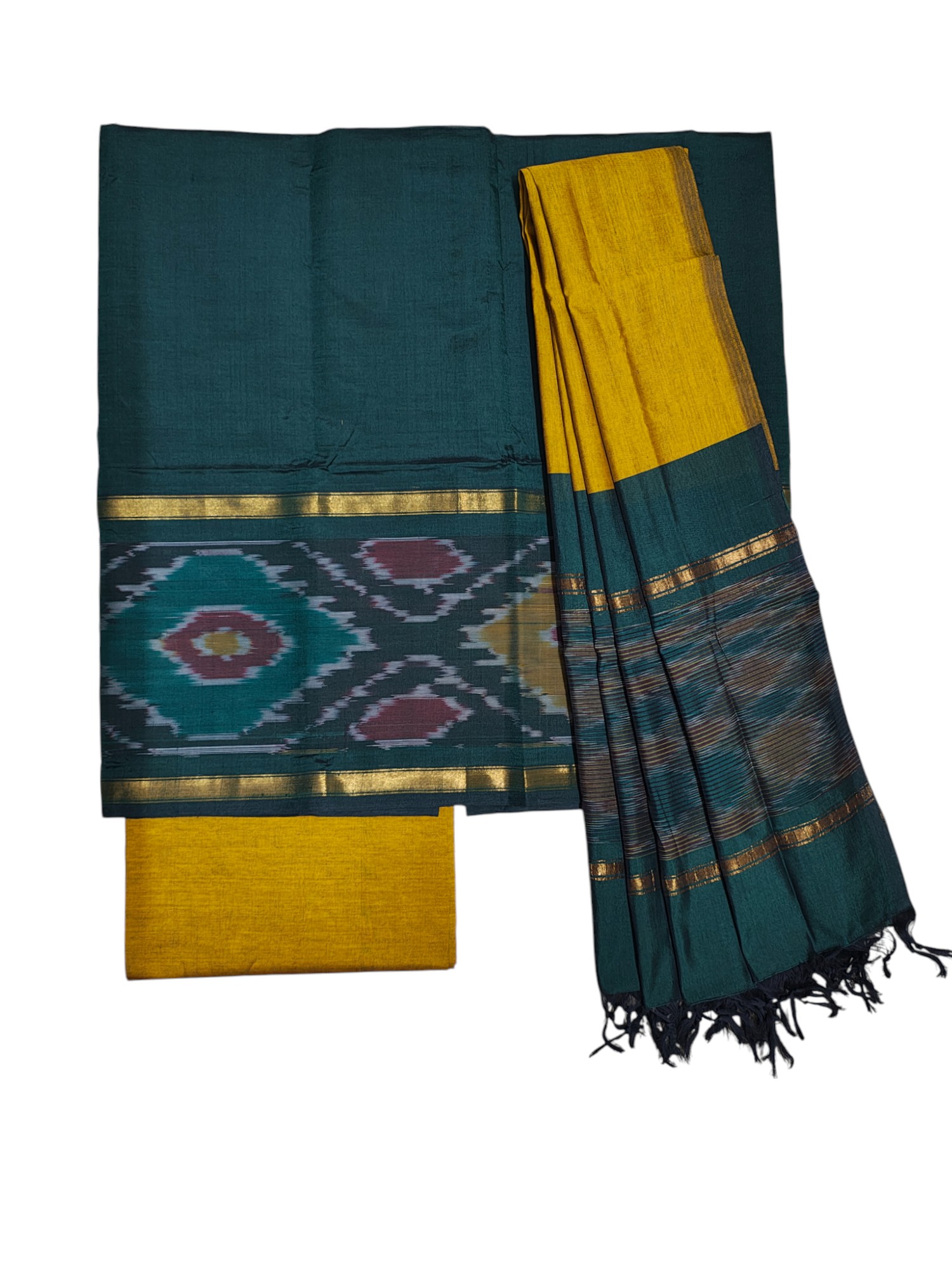 Green & Mustard Pochampally Ikkat Silk Dress Material with Dupatta