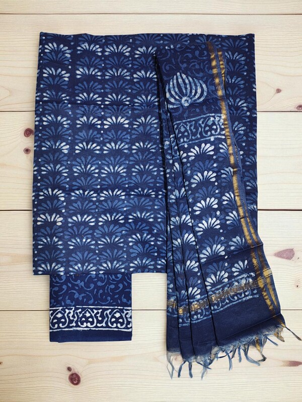 Indigo Chanderi Silk Unstitched Suit Set Indigo Chanderi Silk Unstitched Suit Set