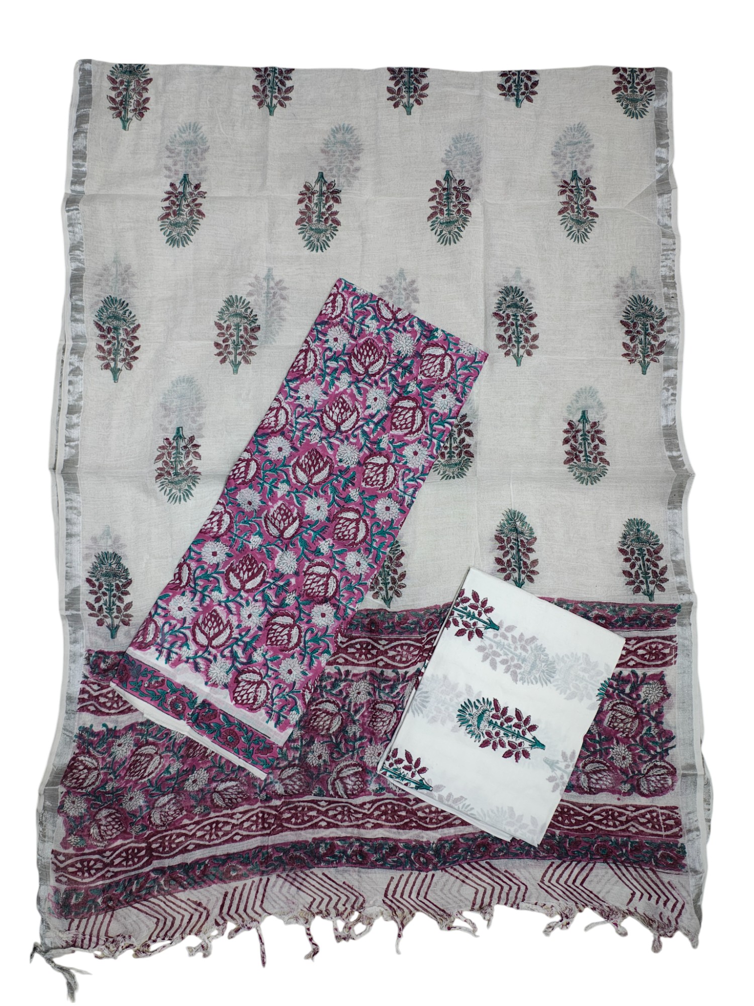 Plum Sanganeri block Print Linen Unstitched Salwar Suit Set