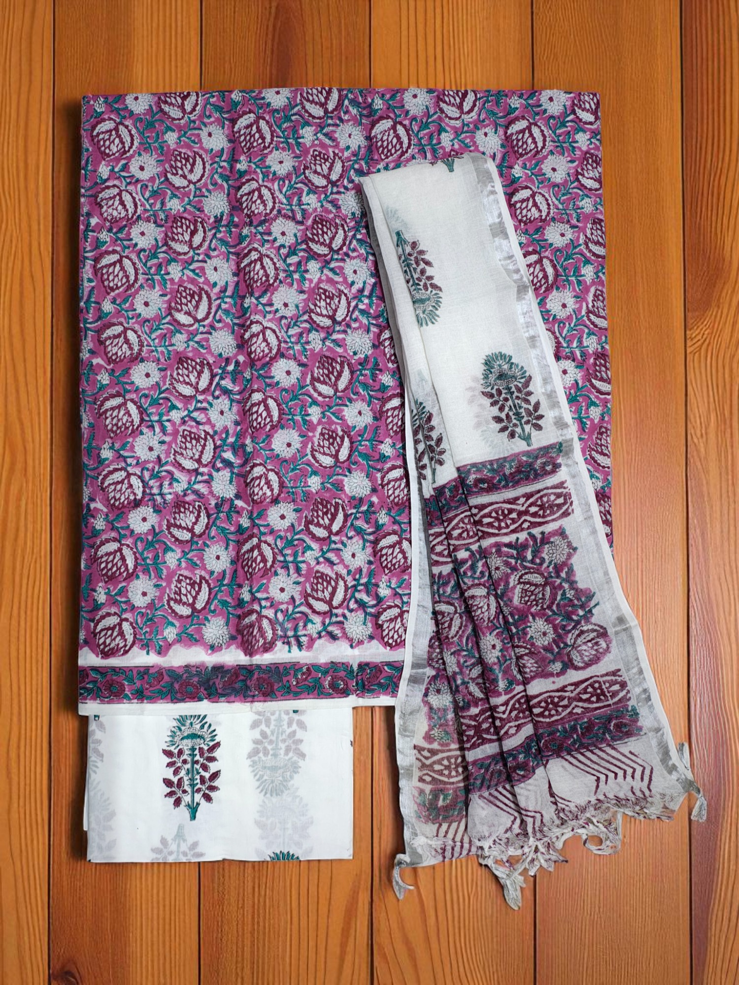 Plum Sanganeri block Print Linen Unstitched Salwar Suit Set