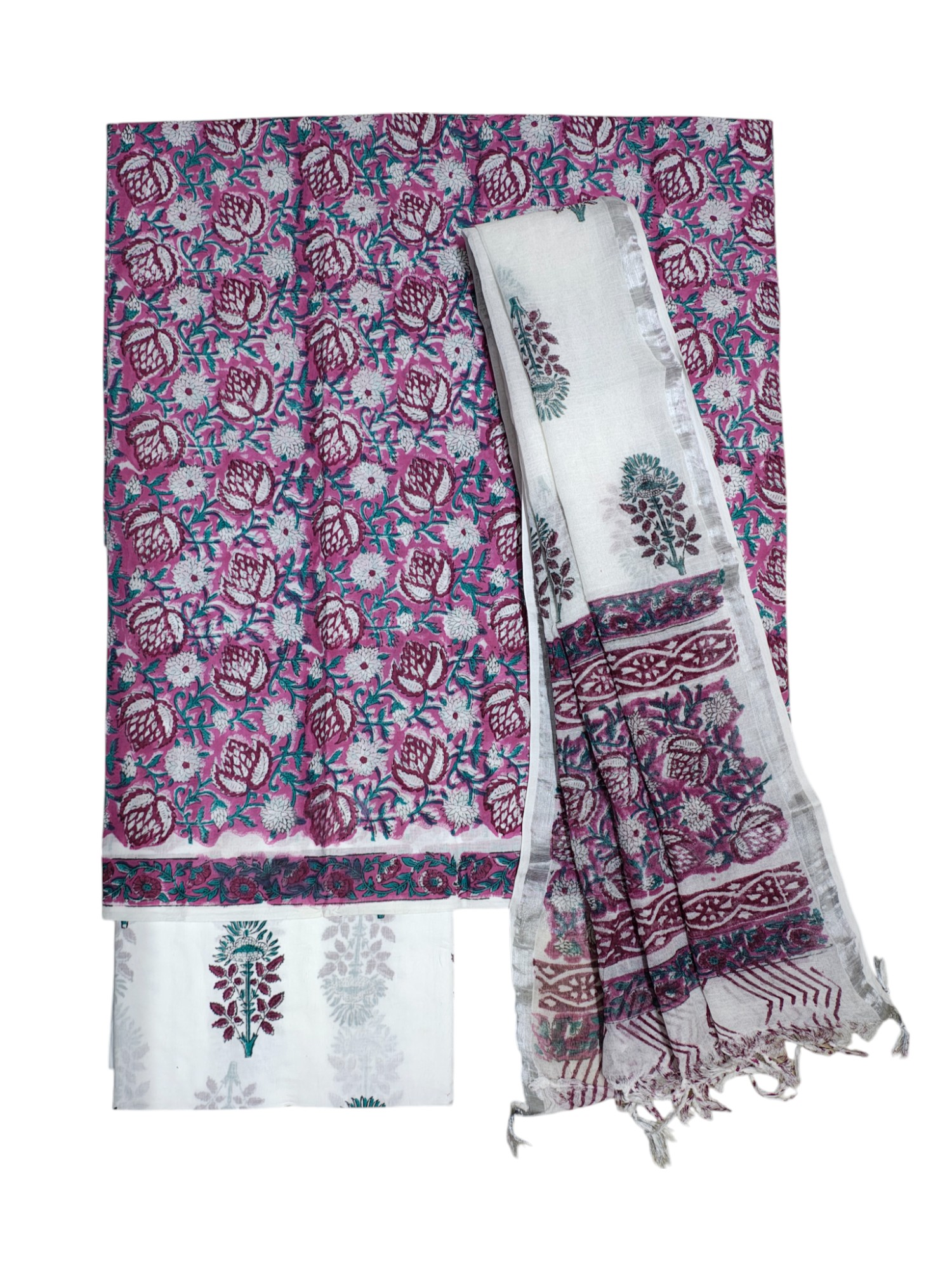 Plum Sanganeri block Print Linen Unstitched Salwar Suit Set