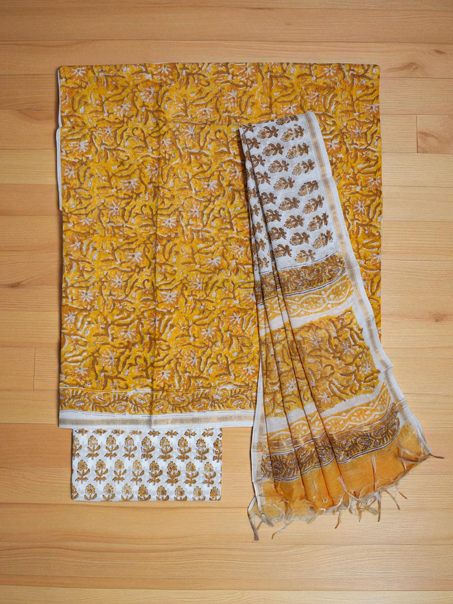 Mustard Chanderi Silk Unstitched Suit Set Mustard Chanderi Silk Unstitched Suit Set