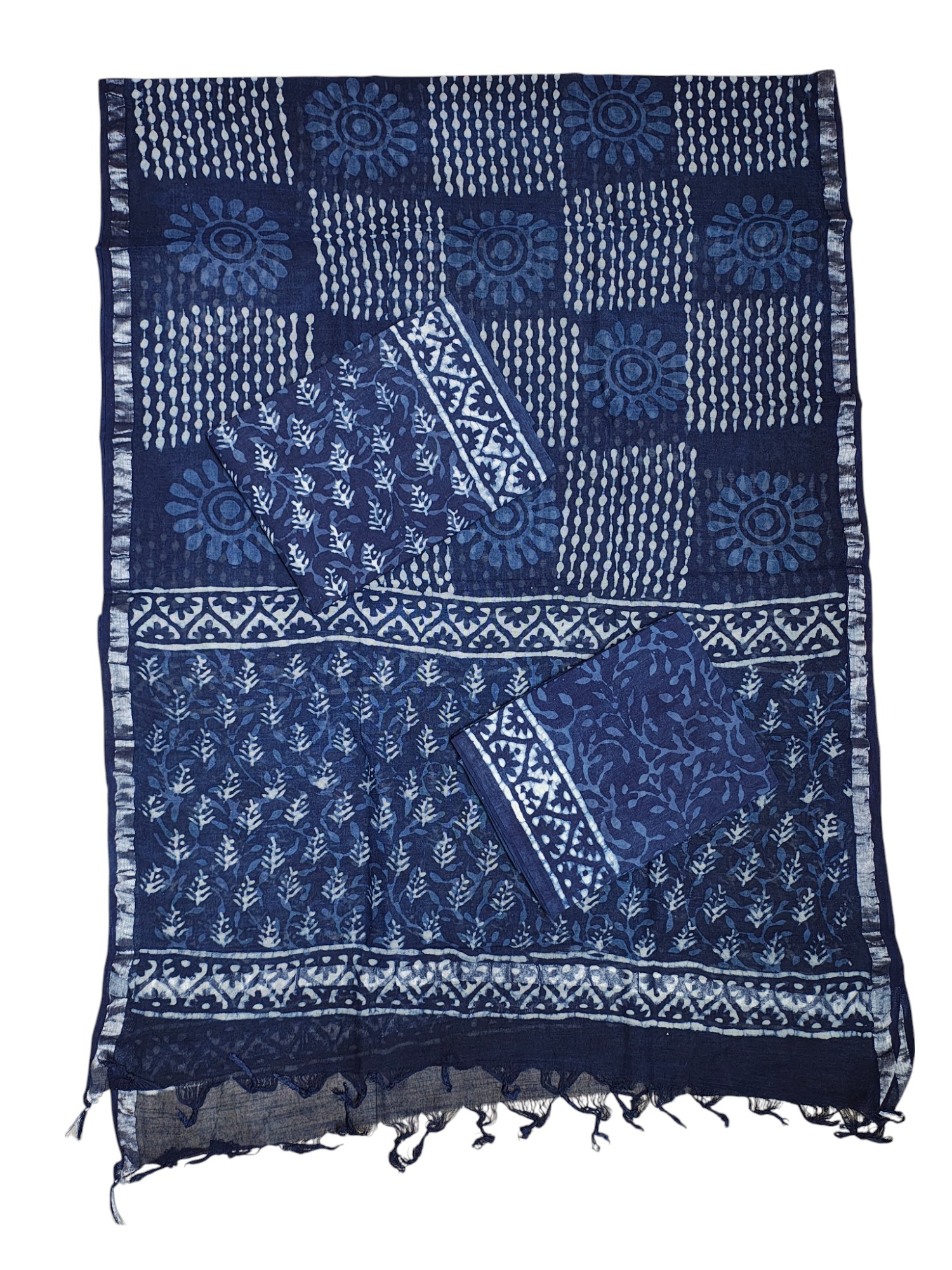 Indigo Dabu Print Pure Cotton Dress Material with Linen Dupatta
