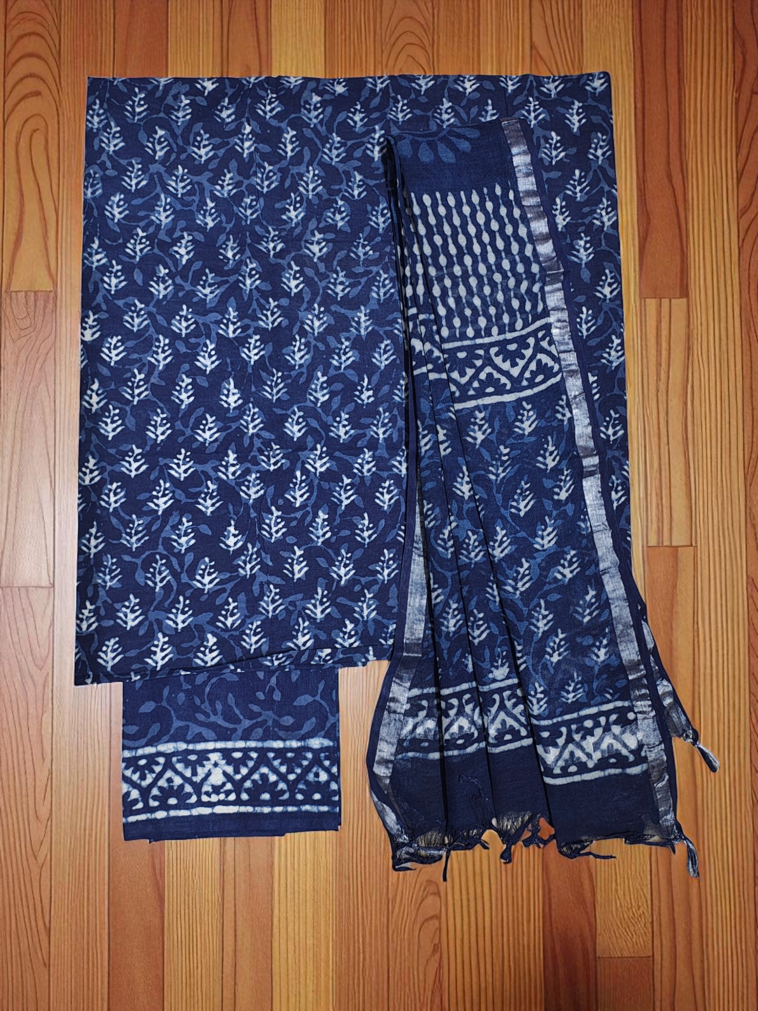 Indigo Dabu Print Pure Cotton Dress Material with Linen Dupatta