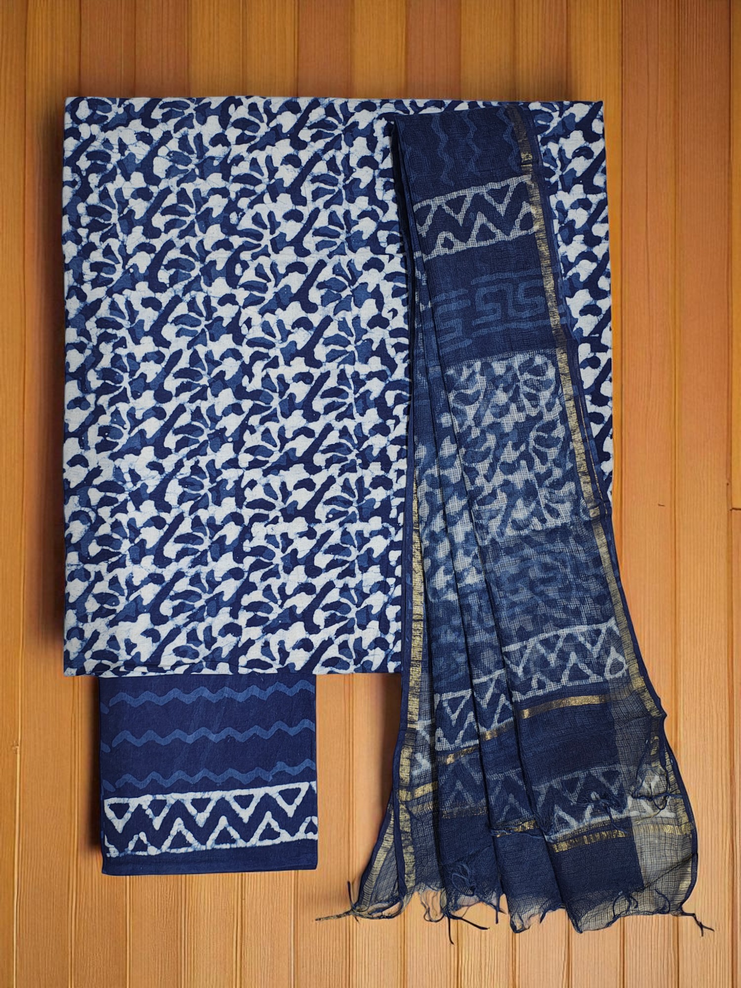 Indigo Dabu Hand Block Print Kota Doria Dress Materials Indigo Dabu Hand Block Print Kota Doria Dress Materials