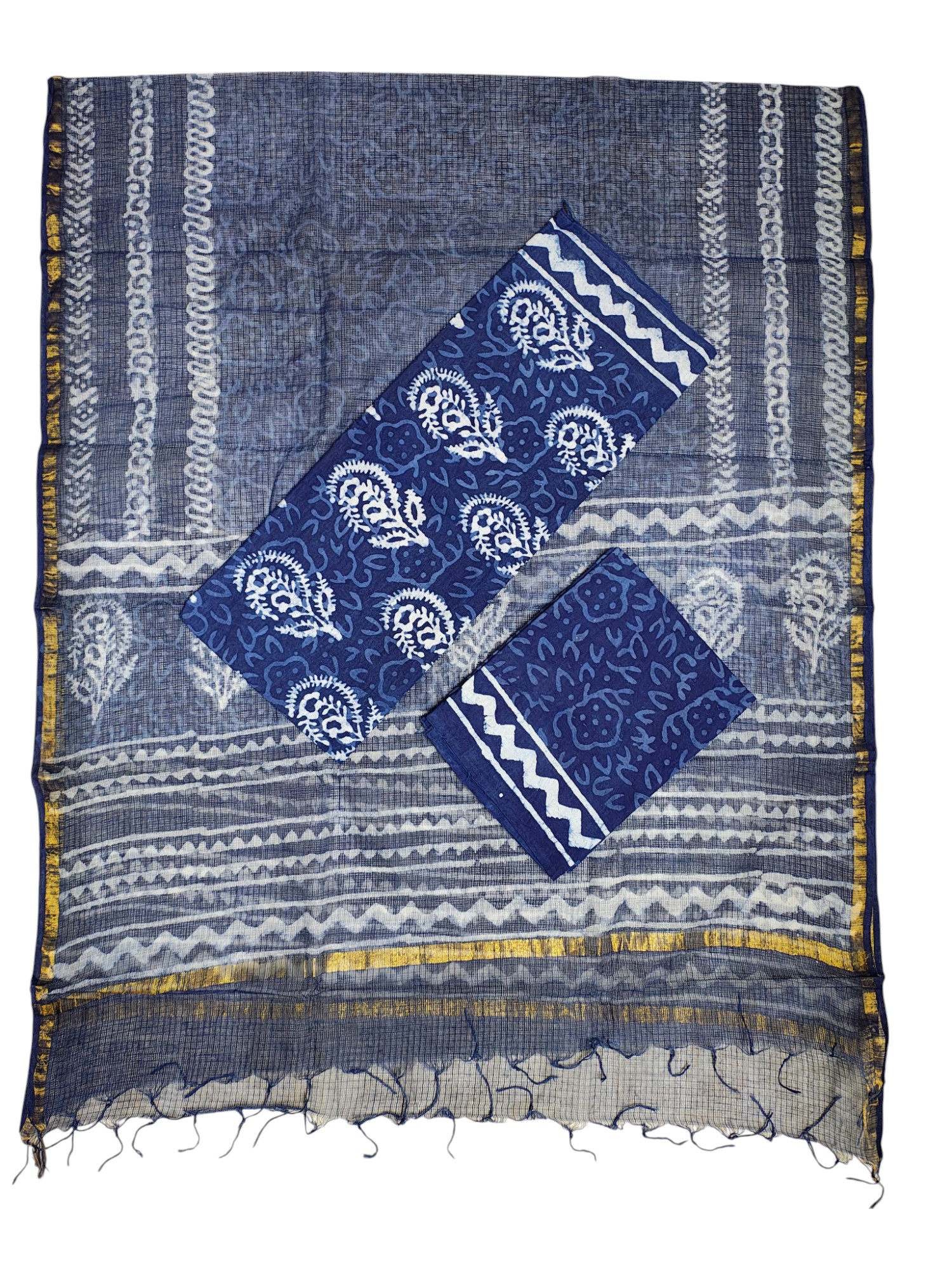 Indigo Dabu Print Kota Doria Unstitched Salwar Suit Set Indigo Dabu Print Kota Doria Unstitched Salwar Suit Set