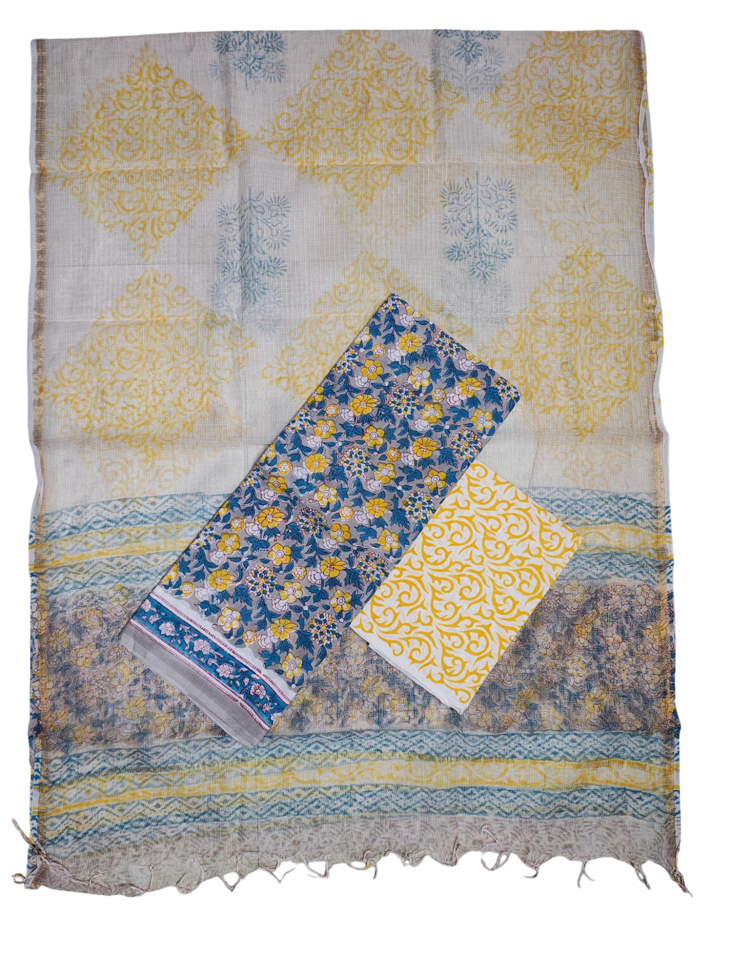 Yellow Hand Block Print Kota Doria Dress Materials Yellow Hand Block Print Kota Doria Dress Materials