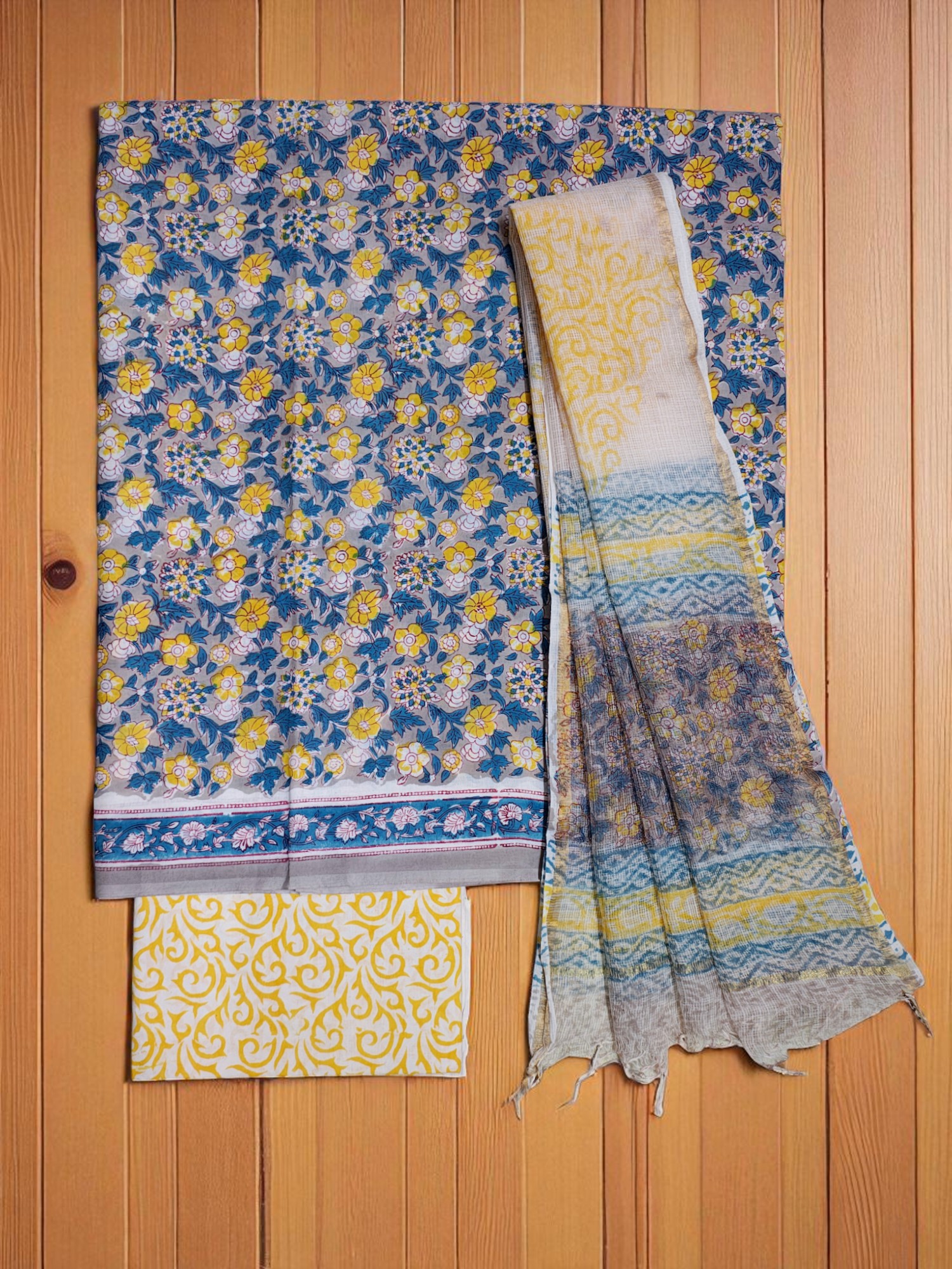 Yellow Hand Block Print Kota Doria Dress Materials Yellow Hand Block Print Kota Doria Dress Materials