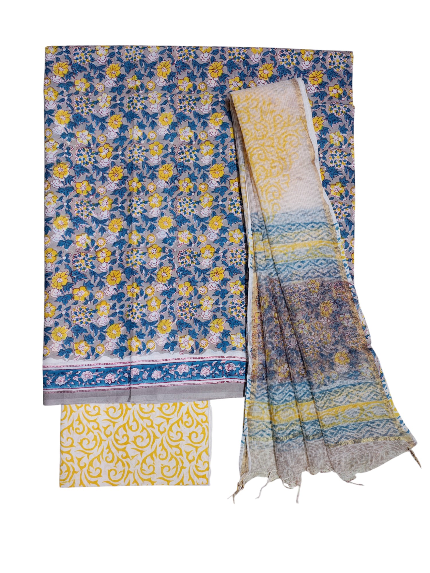 Yellow Hand Block Print Kota Doria Dress Materials Yellow Hand Block Print Kota Doria Dress Materials