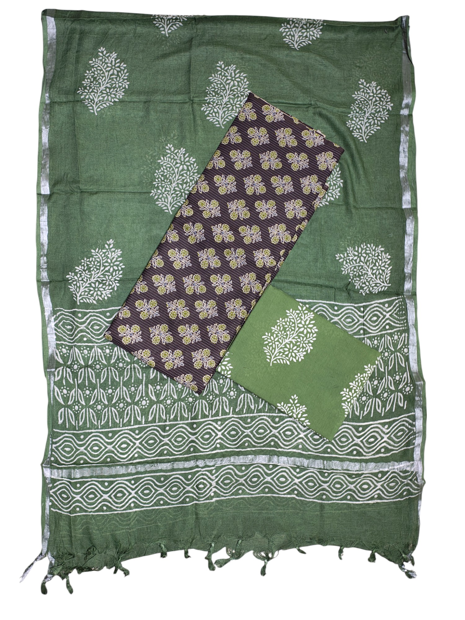 Green Kantha Sanganeri Print Unstitched Salwar Suit Set with Linen Dupatta