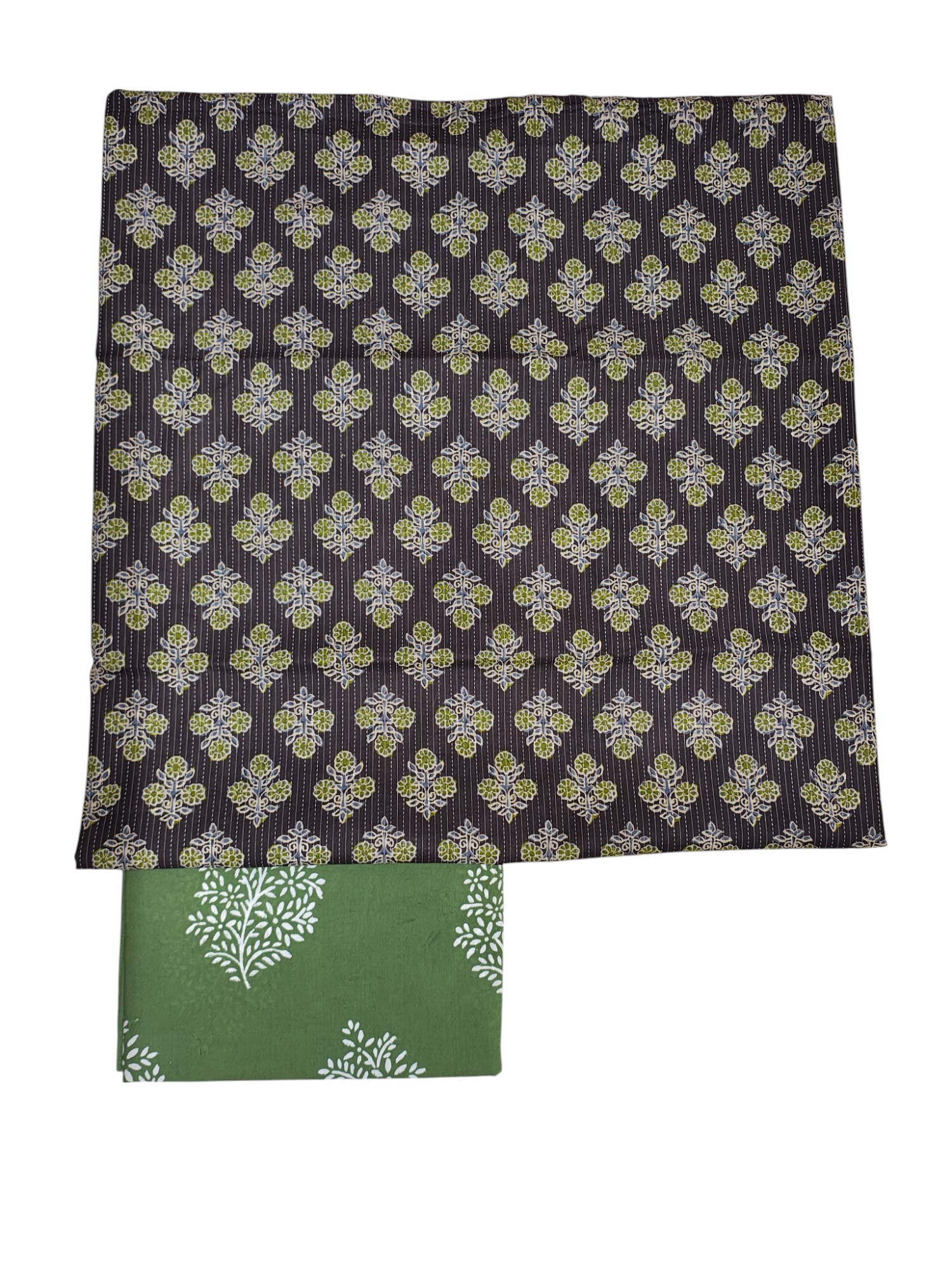 Green Kantha Sanganeri Print Unstitched Salwar Suit Set with Linen Dupatta