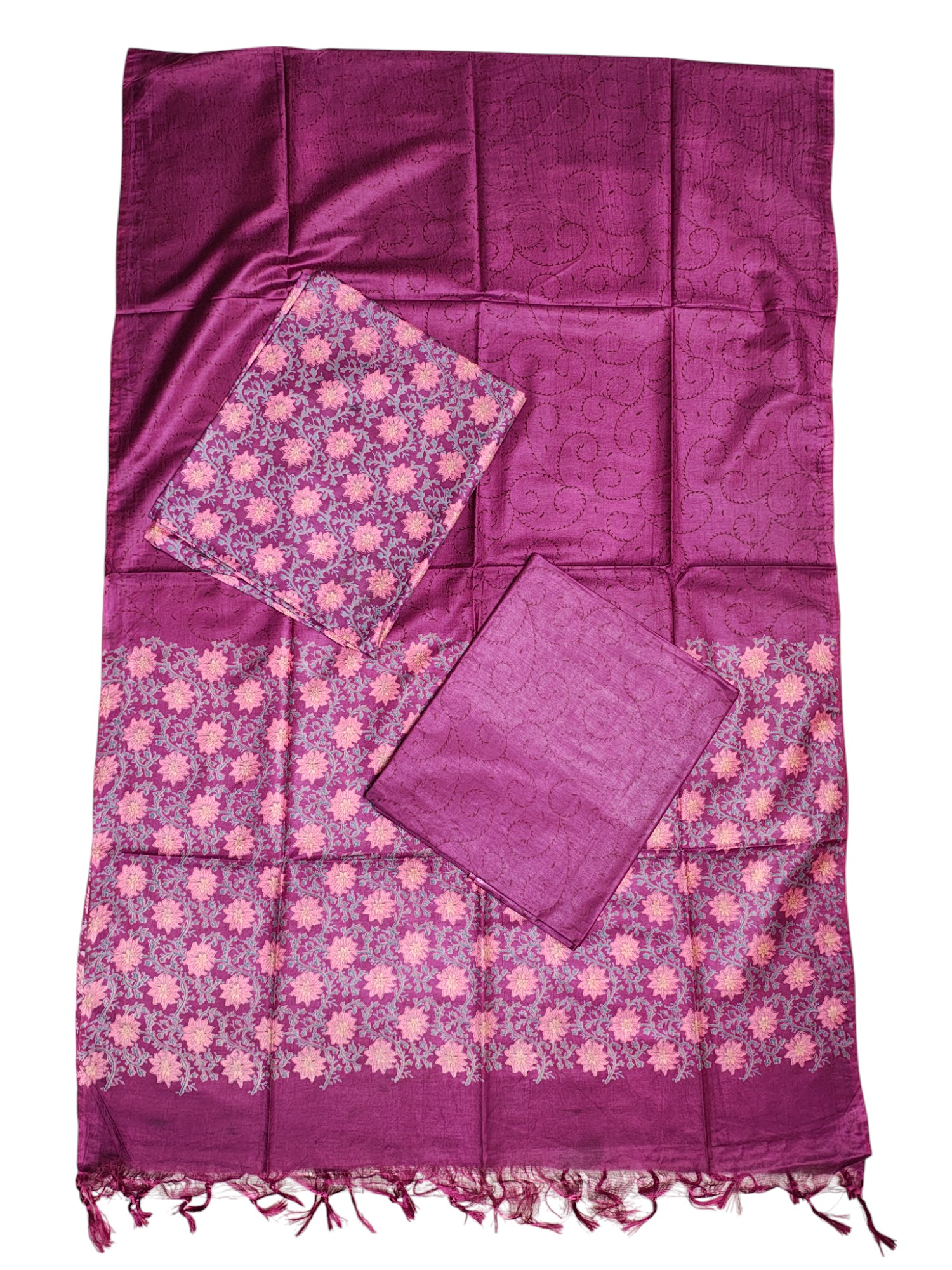 Magenta Pink Unstitched Block Print Silk Salwar Suit Dress Material with Dupatta