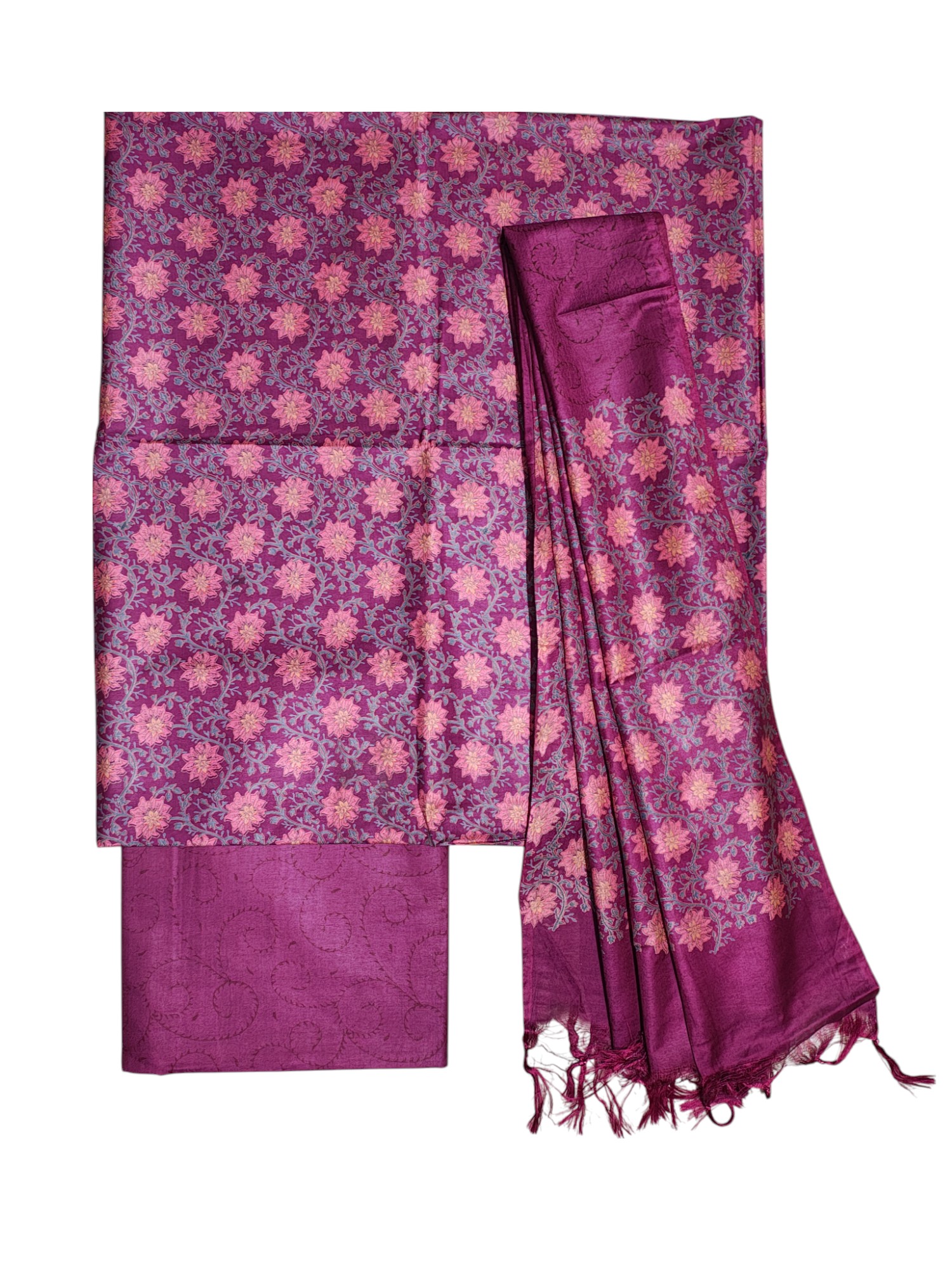 Magenta Pink Unstitched Block Print Silk Salwar Suit Dress Material with Dupatta