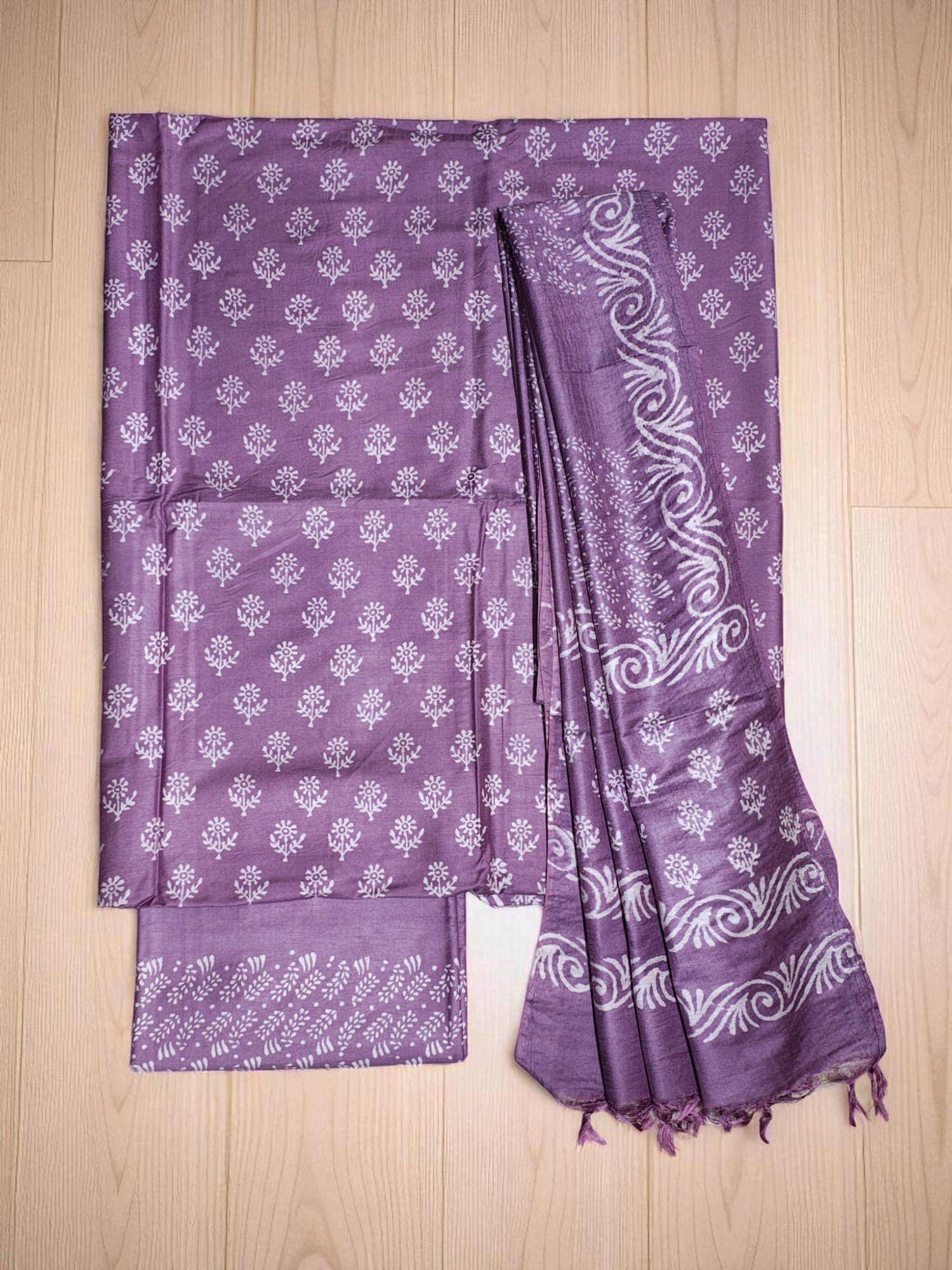Lavender Unstitched Block Print Silk Salwar Suit Dress Material with Dupatta