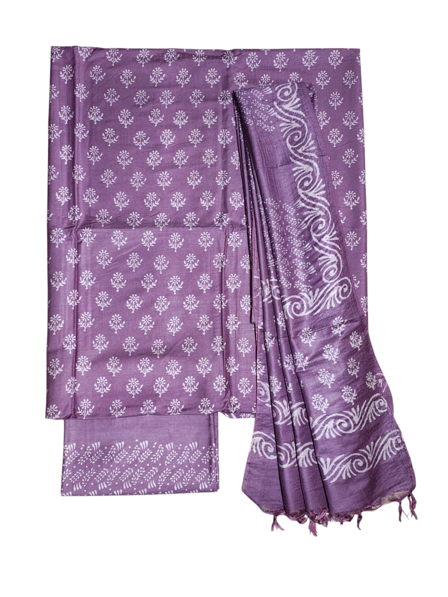 Lavender Unstitched Block Print Silk Salwar Suit Dress Material with Dupatta
