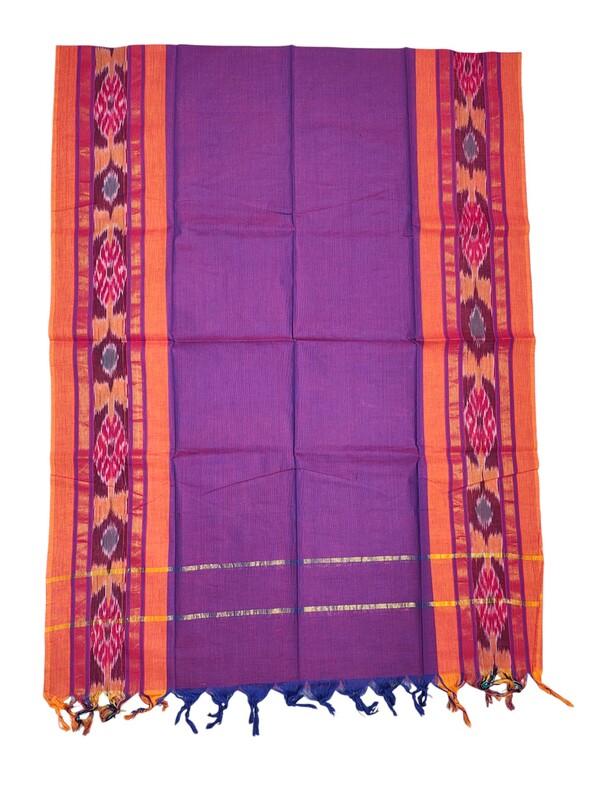 Orange & Purple Mangalagiri Cotton Dress Materials with Ikkat Border for Women
