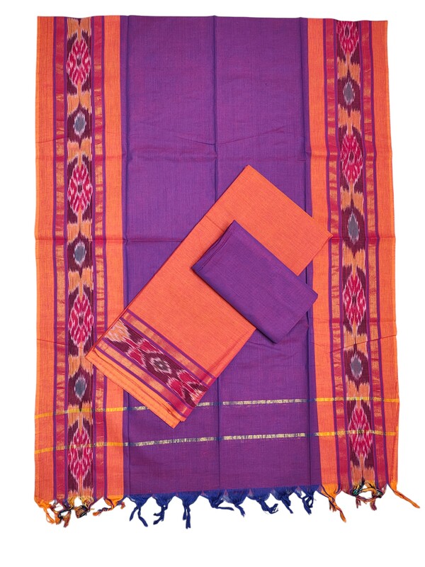 Orange & Purple Mangalagiri Cotton Dress Materials with Ikkat Border for Women