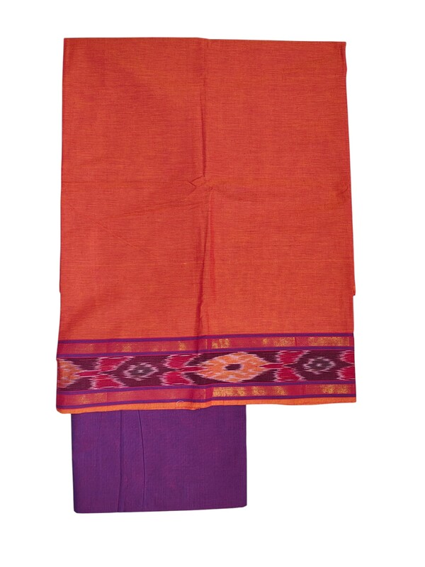 Orange & Purple Mangalagiri Cotton Dress Materials with Ikkat Border for Women