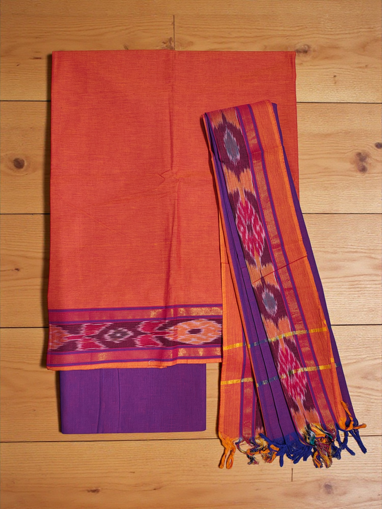 Orange & Purple Mangalagiri Cotton Dress Materials with Ikkat Border for Women