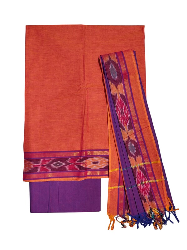 Orange & Purple Mangalagiri Cotton Dress Materials with Ikkat Border for Women