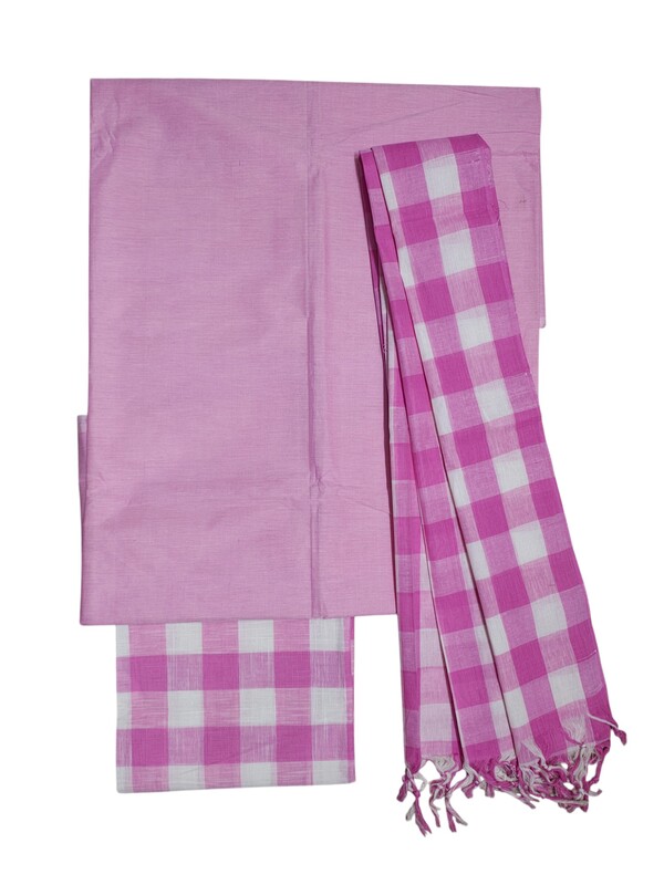 Pink Checks Pure Cotton Unstitched Salwar Suit Set with Dupatta for Women