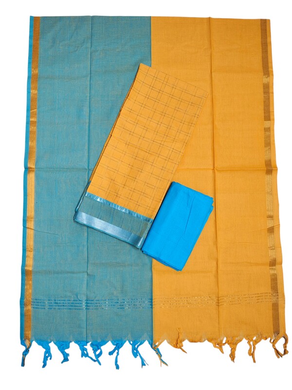 Yellow Mangalagiri Cotton Dress Materials for Women