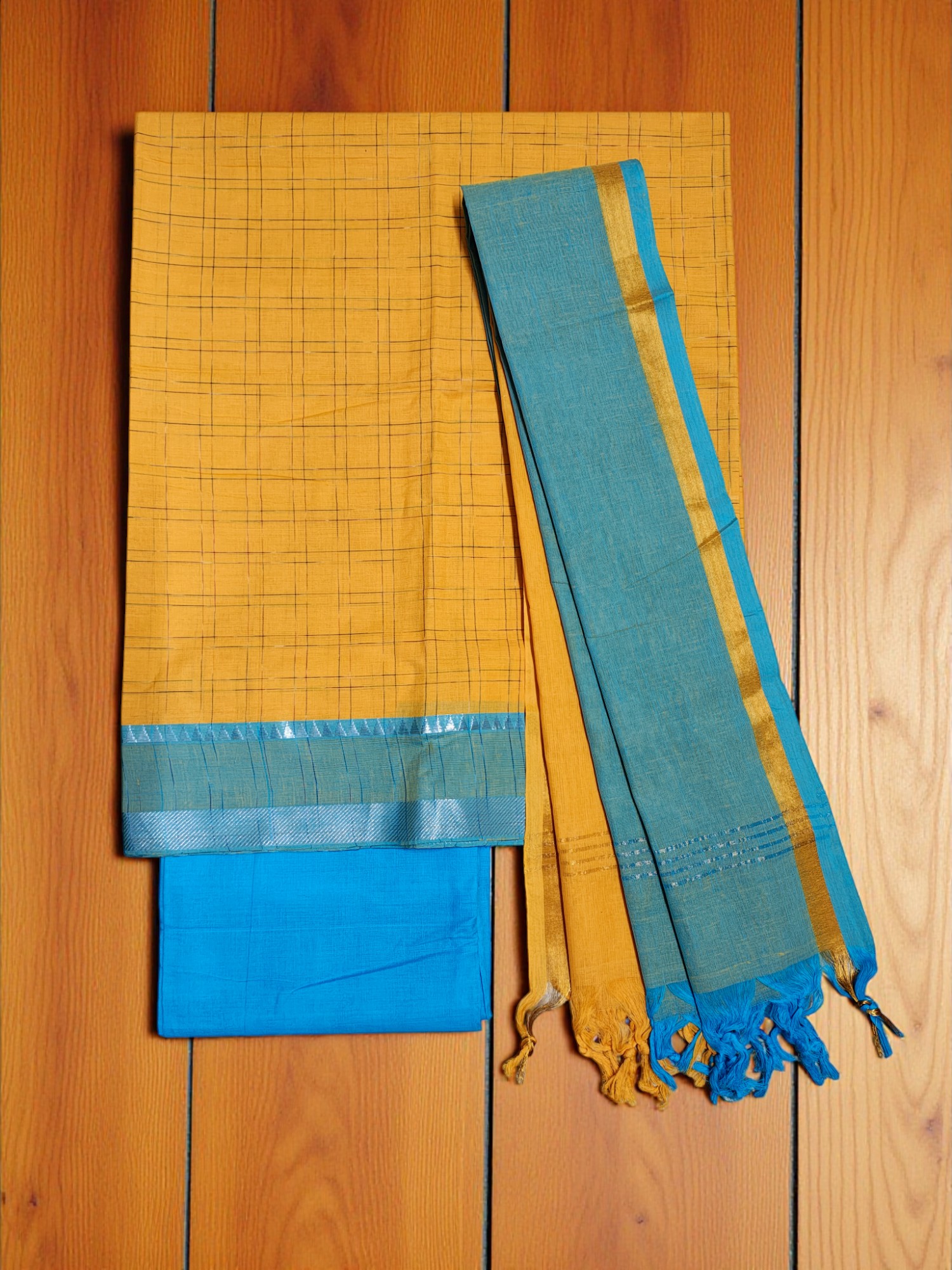 Yellow Mangalagiri Cotton Dress Materials for Women